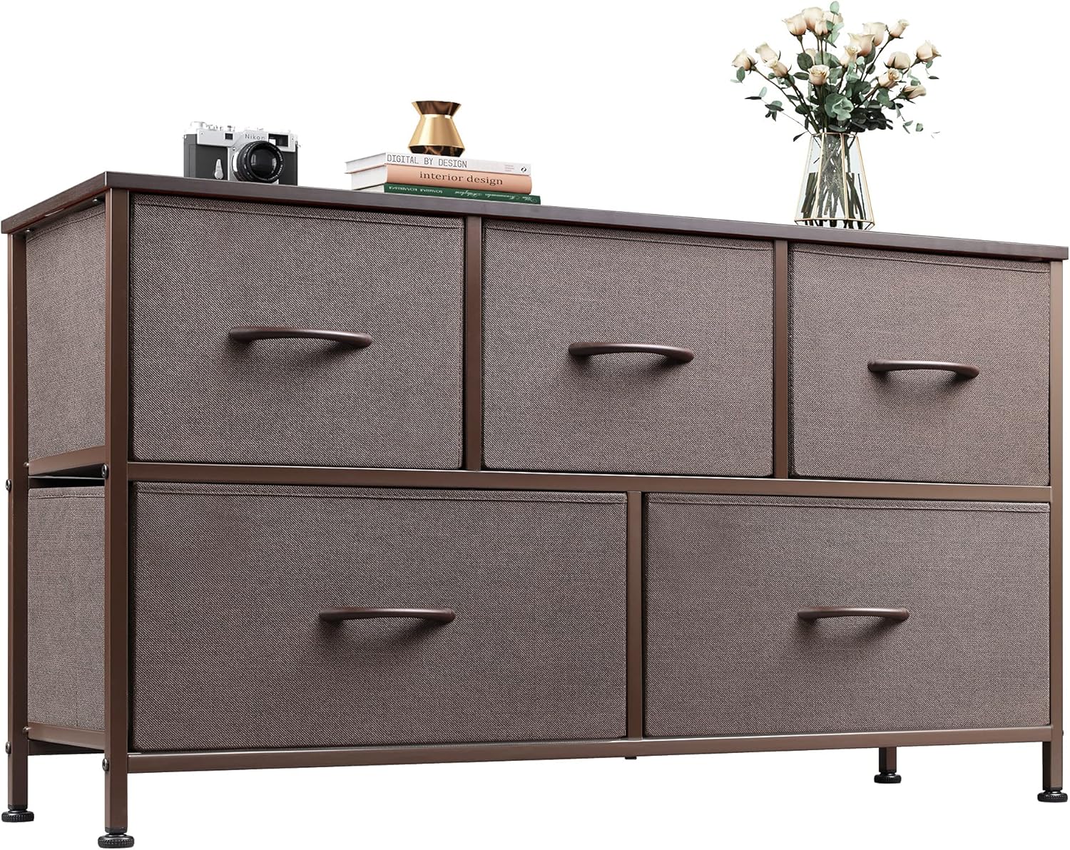 WLIVE Dresser with 5 Drawers, Fabric Storage Tower, Industrial Dresser for Bedroom, Hallway, Entryway, Closets, Sturdy Steel Frame, Wood Top, Easy Pull Handle, Black