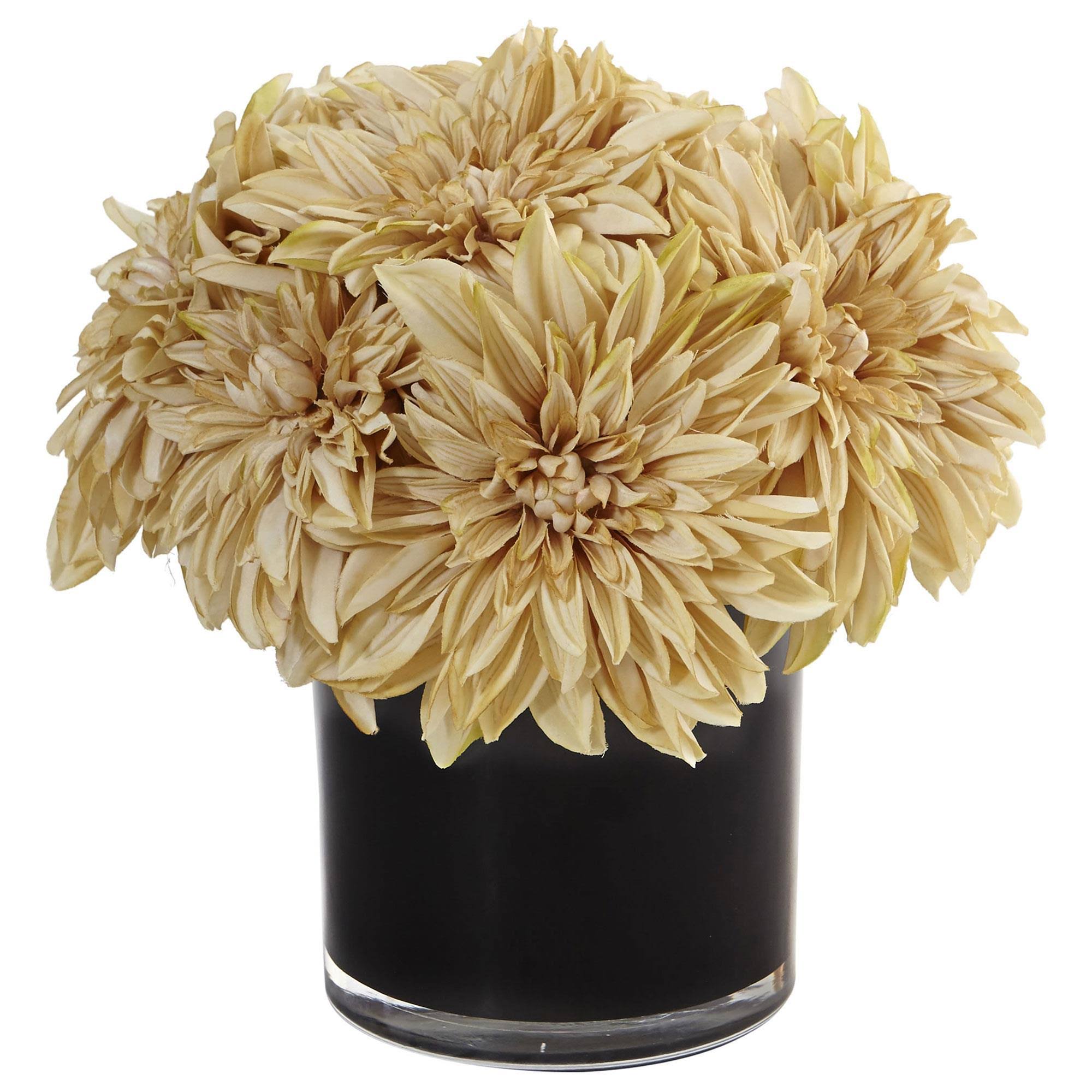 Nearly Natural Dahlia Mum in Black Glossy Cylinder Cream
