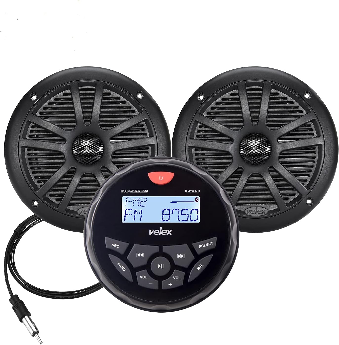 Marine Audio System Stereo Speaker Package, Bluetooth, MP3 USB AM FM Marine Stereo - 2 x 6.5 Inch Black Speakers, Antenna