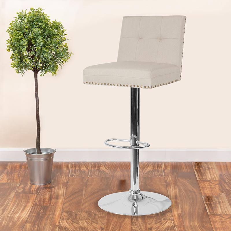 Alamont Contemporary Adjustable Height Tufted Back Barstool with Accent Nail Trim in Beige Fabric