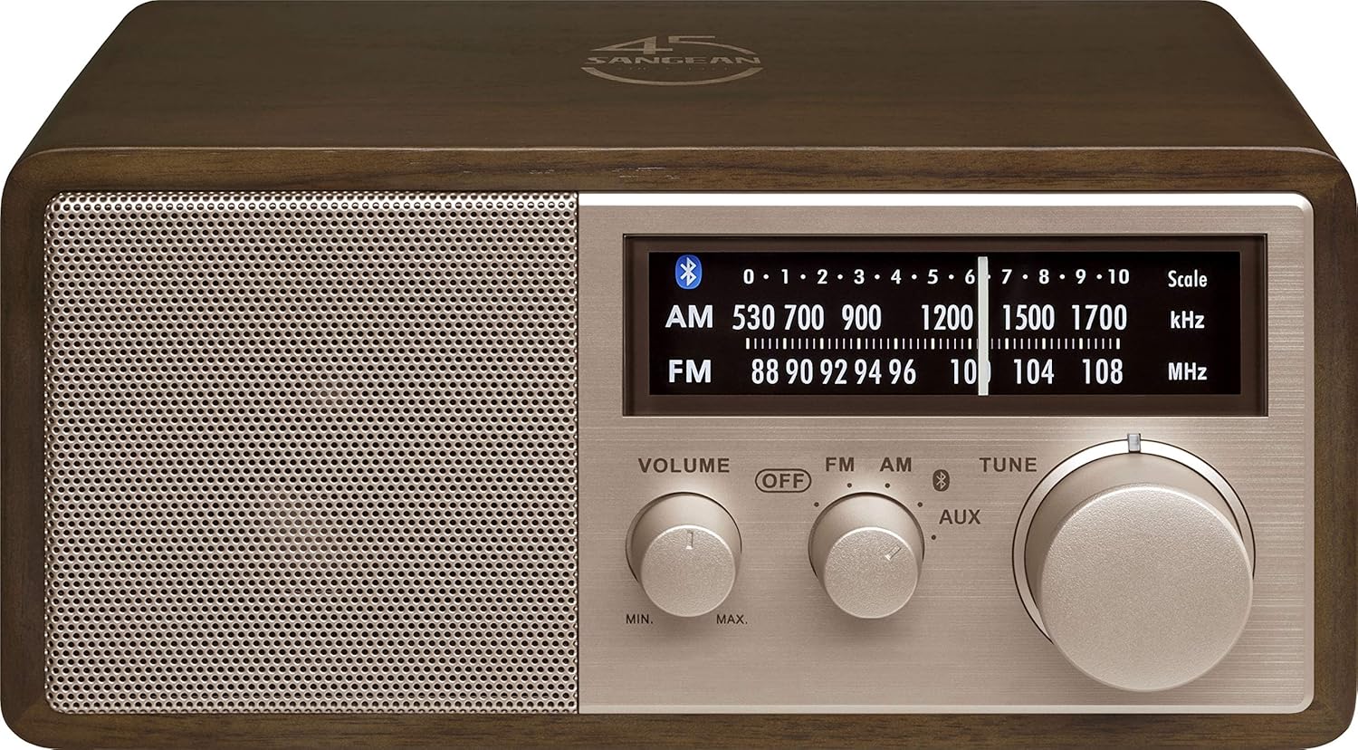 Sangean WR-16SE 45th Anniversary Special Edition AM/FM/Bluetooth/Aux-in/USB Phone Charging Dark Walnut Wooden Cabinet Radio with Rose Gold Face Plate