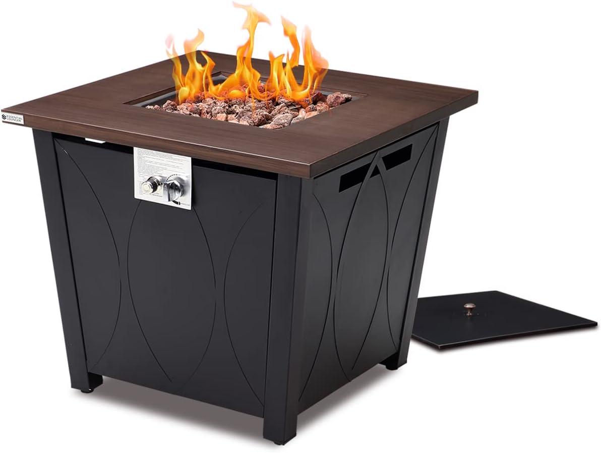 Gas Propane Fire Pit Table, ESSENTIAL LOUNGER Patio 28inch 50000 BTU Outdoor Square Gas Fire Table with Lid Adjustable Flame, Free Lava Rocks,Cover for Backyards Garden