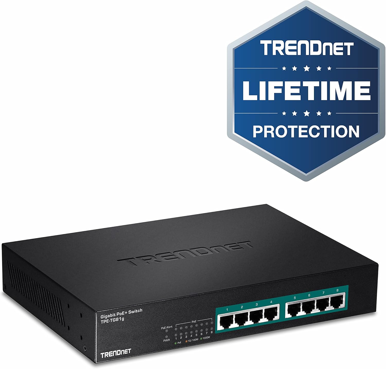 TRENDnet 8-Port Gigabit GREENnet PoE+ Switch, TPE-TG81g, 8 x Gigabit PoE+ Ports, Rack Mountable, Up to 30 W Per Port with 110 W Total Power Budget, Ethernet Network Switch, Metal, Lifetime Protection