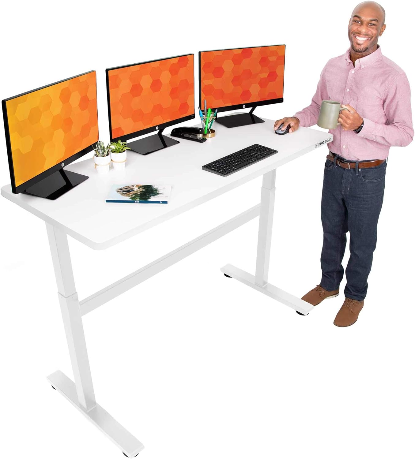 Stand Steady Tranzendesk 55 in Standing Desk w/Clamp On Shelf | Easy Crank Height Adjustable Stand Up Workstation w/Attachable Monitor Riser | Supports 3 Monitors & Adds Extra Desk Space (55