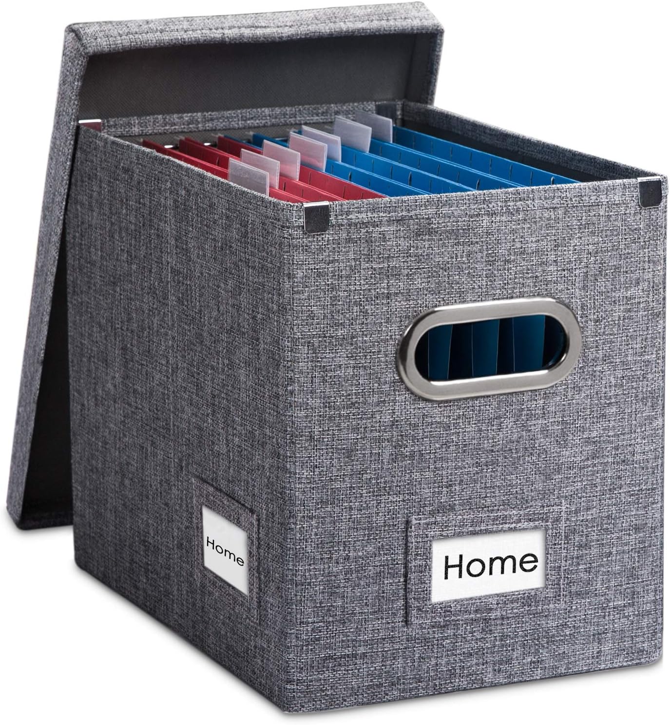 PRANDOM File Organizer Box - Set of 4 Collapsible Decorative Linen Filing Storage Hanging File Folders with Lids Office Cabinet Letter Size Grey (14x9.3x10.8 inch) Pack of 2