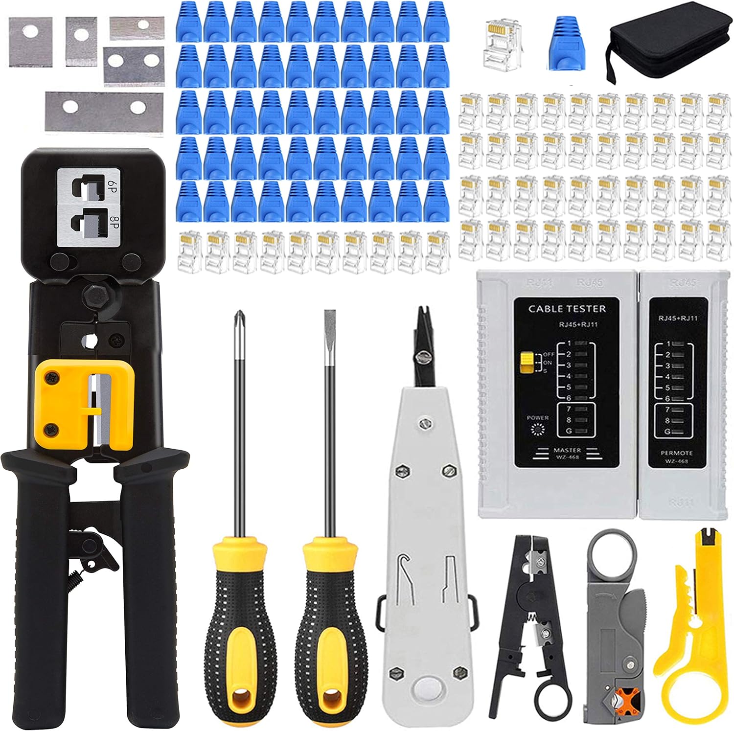 LEATBUY RJ45 Crimping Tool Kit for RJ11/RJ12/CAT5/CAT6/Cat5e, Professional Maintenacnce Lan Cable Tester Network Repair Tool Set，Wire Crimper Wire Connector Stripper Cutter(Black)