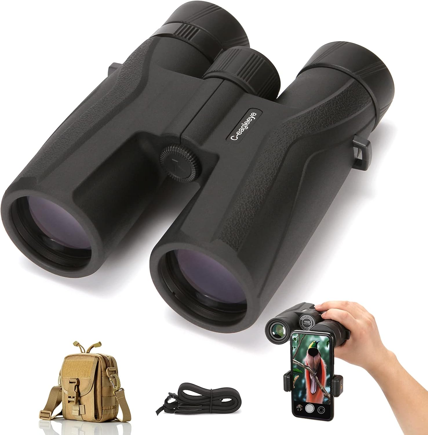 C-eagleeye Binoculars 10x42, Ipx7 Professional Waterproof & Fog-Proof, Includes Bags,Strap,Phone Adapter with 23mm Big Eyepiece Bak4 Lens for Hunting, Bird Watching, Stargazing for Adult, Black