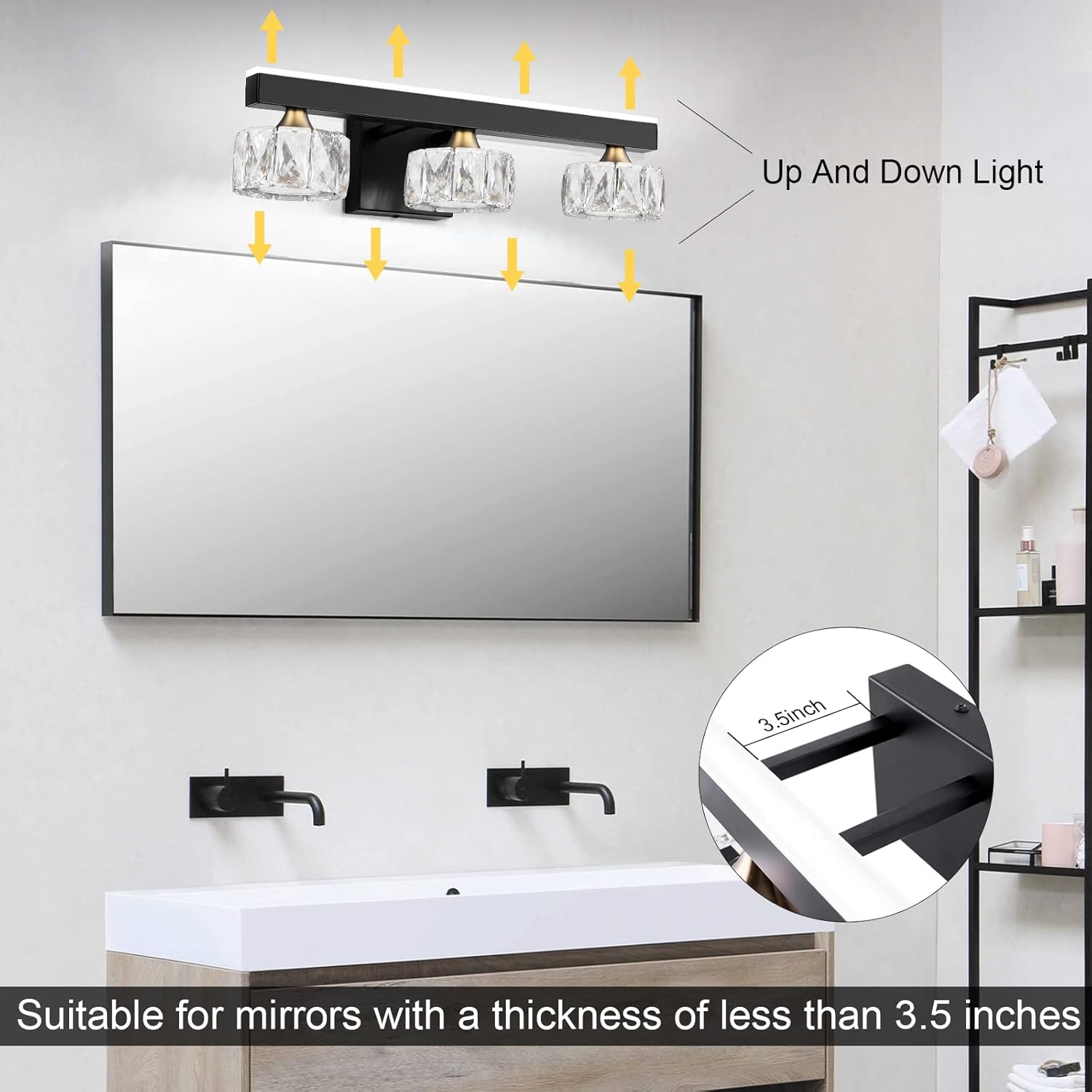 BRKNIT Black Crystal Bathroom Vanity Lights Fixtures Over Mirror Modern LED Cool White Light 6000K for Bathroom (Upgraded)