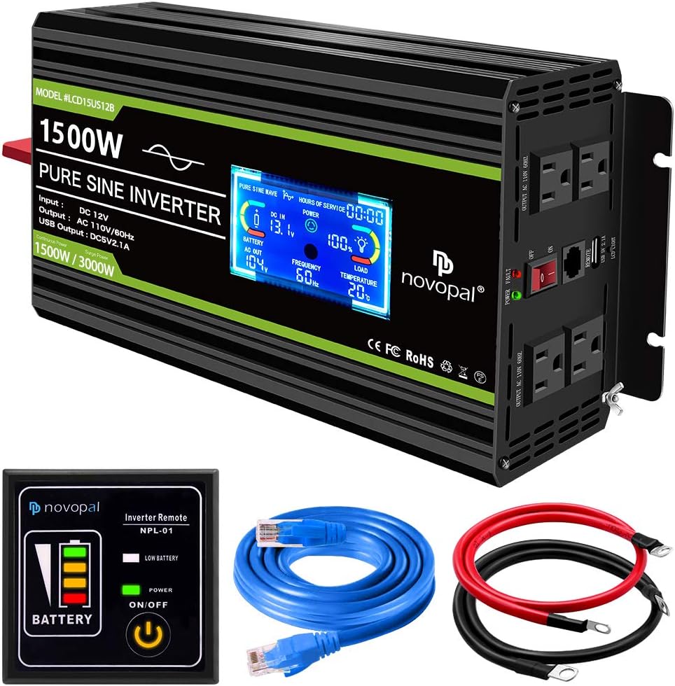 Novopal 1500 watt Pure Sine Wave Power Inverter DC 12V to 110V/120V Converter 4 AC Outlets Car Inverter with USB Port 16.4 Feet Remote Control and LCD Display Dual Cooling Fans Inverter