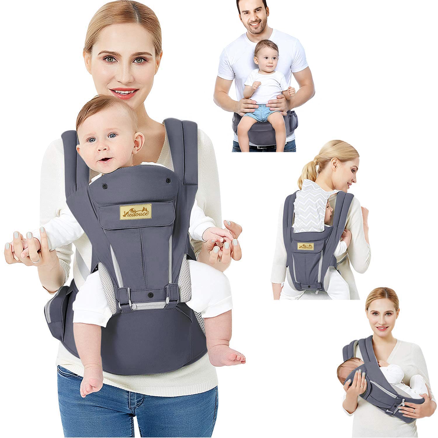 Viedouce Baby Carrier Ergonomic with Hip Seat/Pure Cotton Lightweight and Breathable/Multiposition:Dorsal, Ventral, Adjustable for Newborn and Toddler 3 to 48 Month (3.5 to 20 kg) Pack of 2