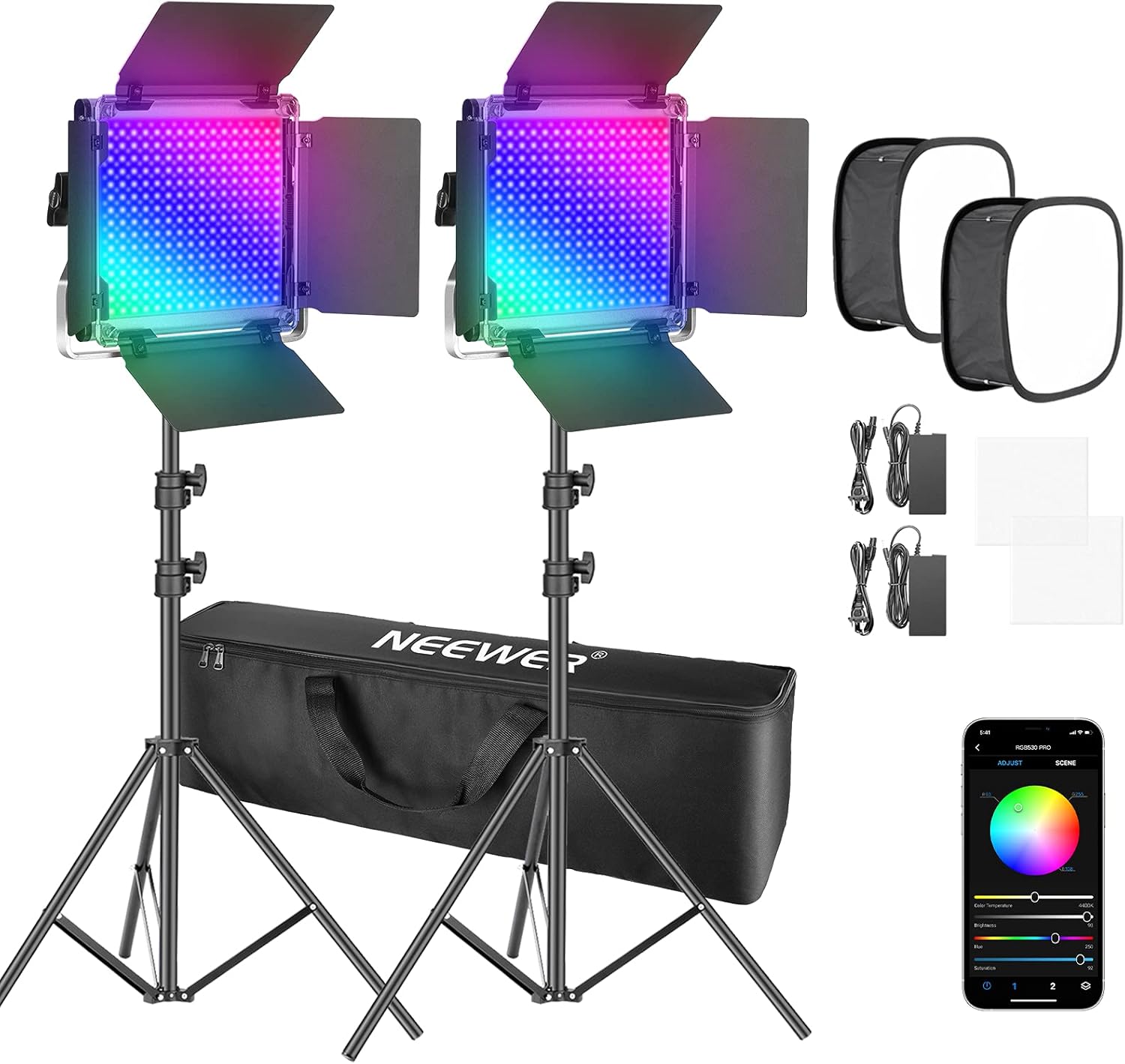 Neewer 2 Packs 530 PRO RGB Led Video Light with APP Control Softbox Kit,360°Full Color,45W Video Lighting CRI 97+ for Gaming,Streaming,Zoom,YouTube,Webex,Broadcasting,Web Conference,Photography