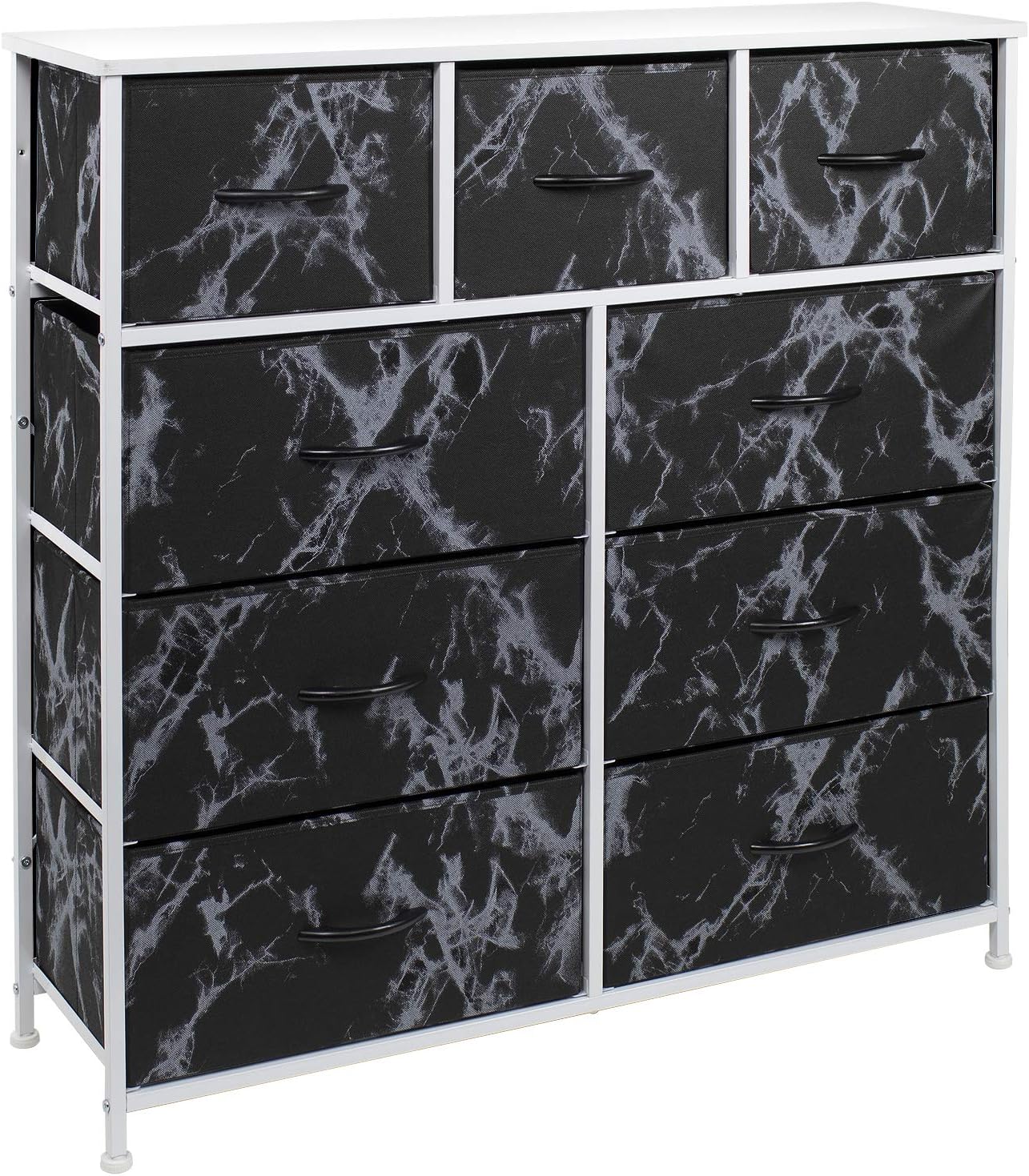 Sorbus Dresser with 9 Drawers, Marble Black &ndash; White Frame