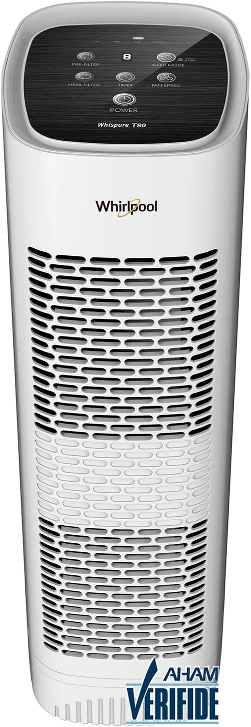 Whirlpool Whispure WPT80B, True HEPA Purifier, Activated Carbon Advanced Anti-Bacteria, Ideal for Allergies, Odors, Pet Dander, Mold, Smoke, Smokers, and Germs, Large, Black