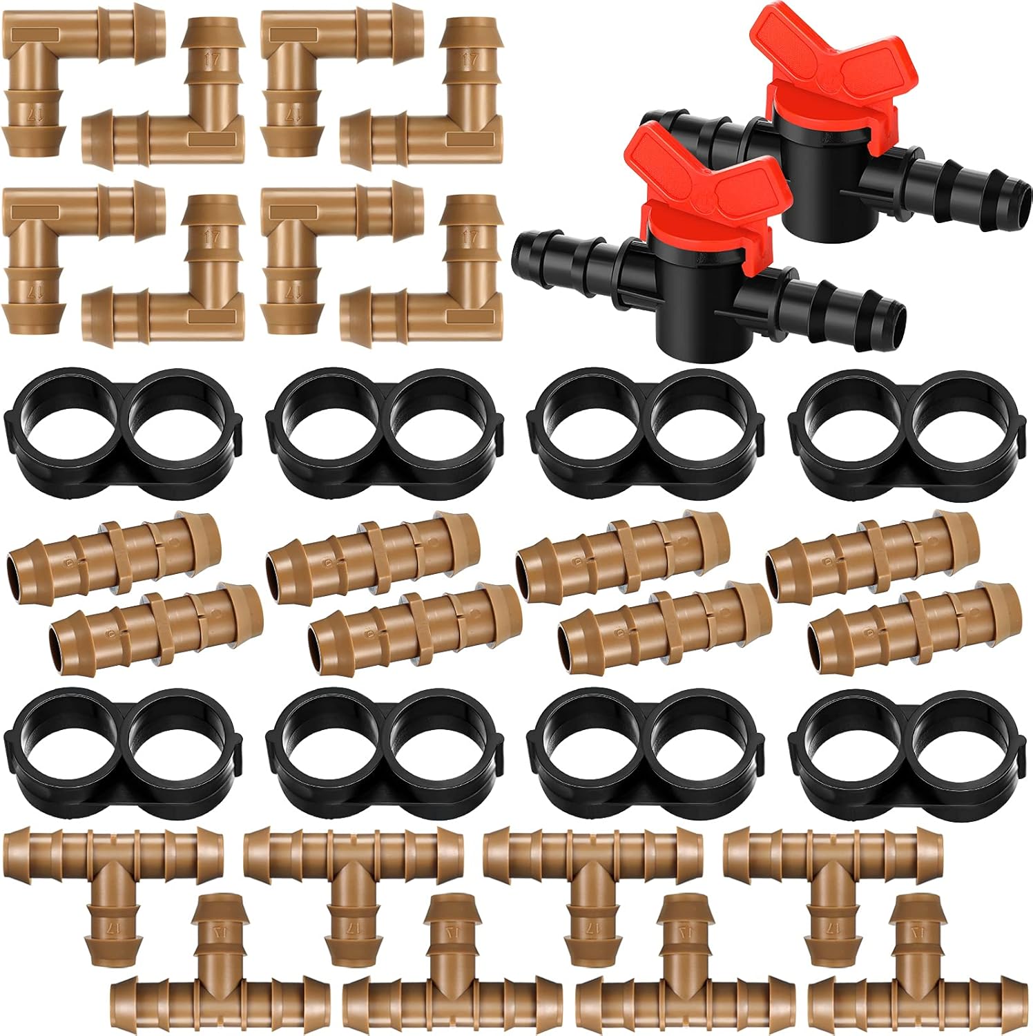 34 Pieces Drip Irrigation Fitting Kit 1/2 Inch Tubing Set, 2 Switch, 8 Tee, 8 Coupling, 8 Elbow and 8 End Cap Plastic Plug, Drip Irrigation Barbed Connector for Compatible Drip or Sprinkler System Pack of 2