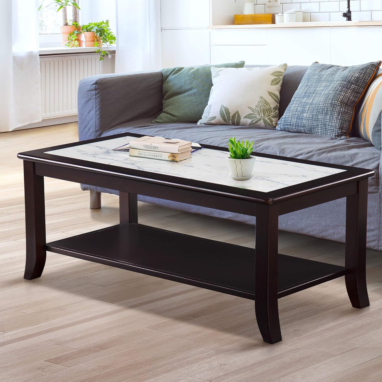 Olee Sleep Marble Top, White & Black coffee Table, Espresso