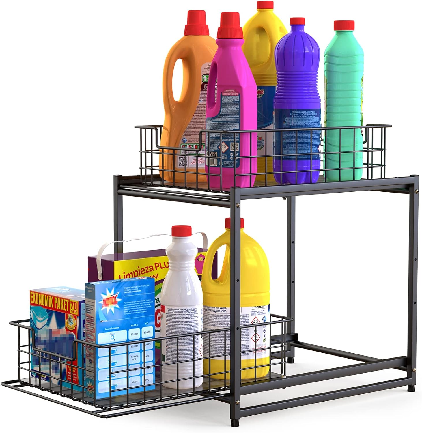 FavoThings Stackable 2-Tier Kitchen Cabinet Organizer Under Sink Organizer Rack with Sliding Storage Basket Drawers, Black