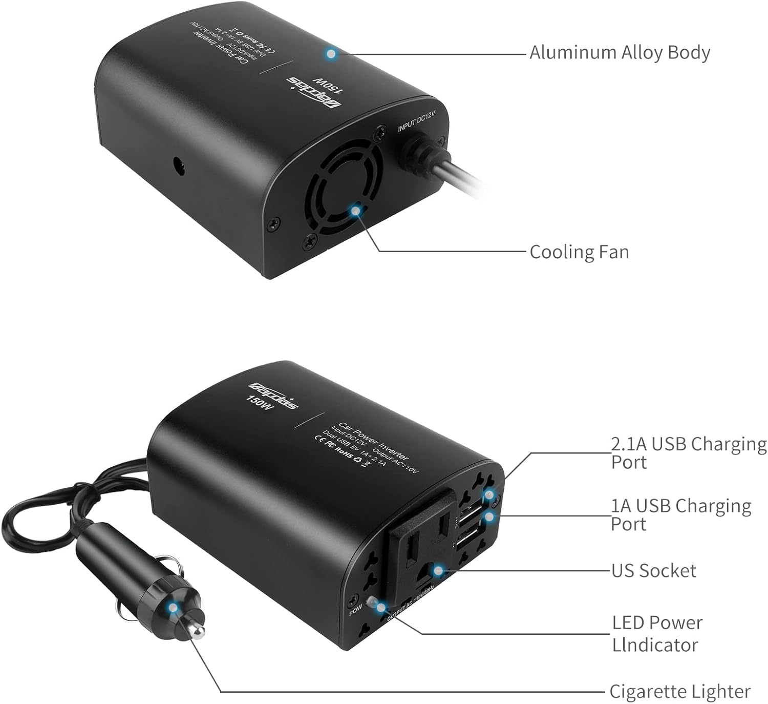 Bapdas 150W Car Power Inverter DC 12V to 110V AC Car Charger Adapter 2 USB Ports (Black)