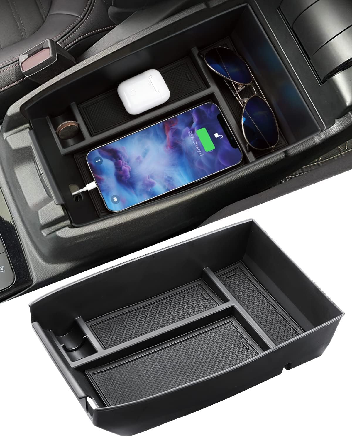 QMPARTS Upgraded Center Console Organizer Tray Compatible with 2021 2022 Bronco Sport, Armrest Insert Secondary Storage Box Interior Accessories ABS with Black Anti-Slip Mat