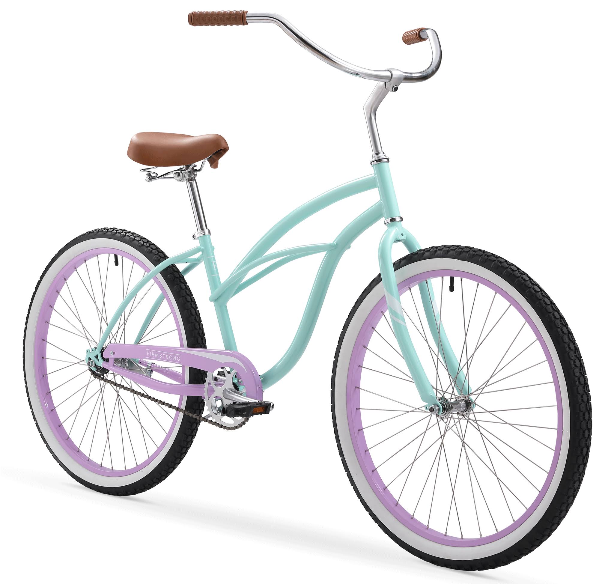 Firmstrong Urban Lady Special Edition 26x22 Single Speed Beach Cruiser Bicycle Seafoam with Purple Rims