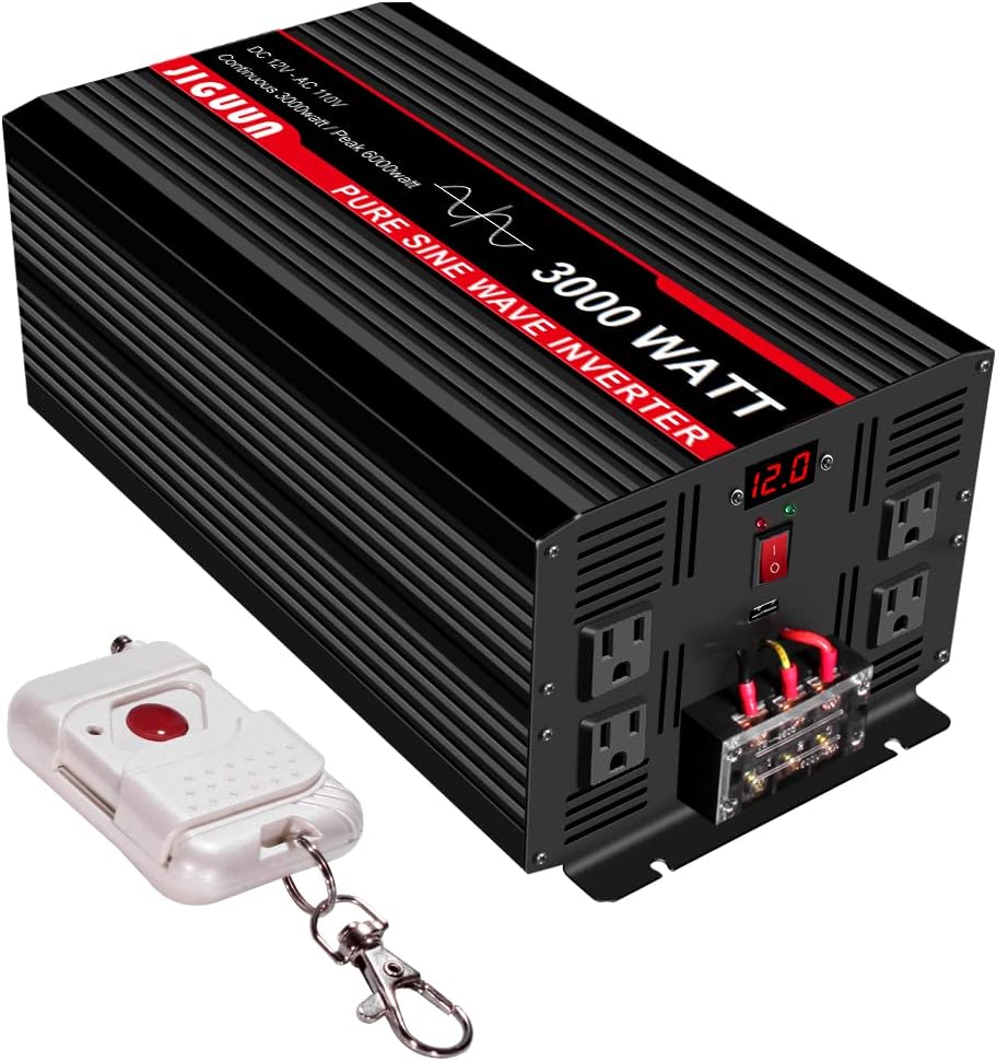 JIGUUN Pure Sine Wave Inverter 3000 Watt/Peak 6000 Watt, Power Converter 12V DC to 110v/120v AC, Car Inverter with 4 AC Outlets&USB Port 170ft Wireless Remote Control for RV CPAP Camping (3000-12v)
