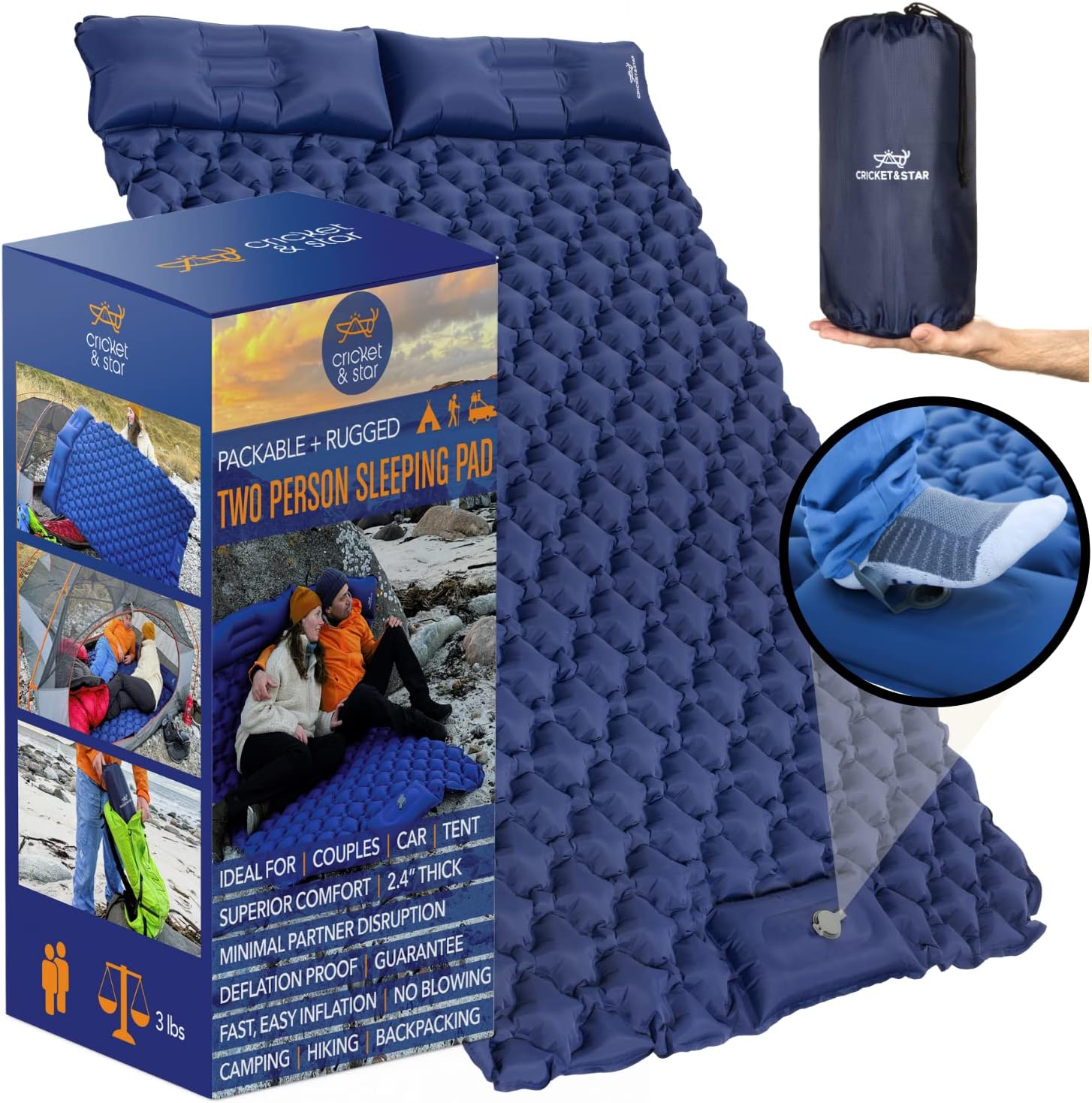 Double Sleeping Pad &ndash; Inflatable Queen Camping Mattress 2 Person with Built-in Foot Pump + Pillows - Light and Compact Camping Pads for Sleeping Two People - Hiking, Backpacking, Tent, Car Camping