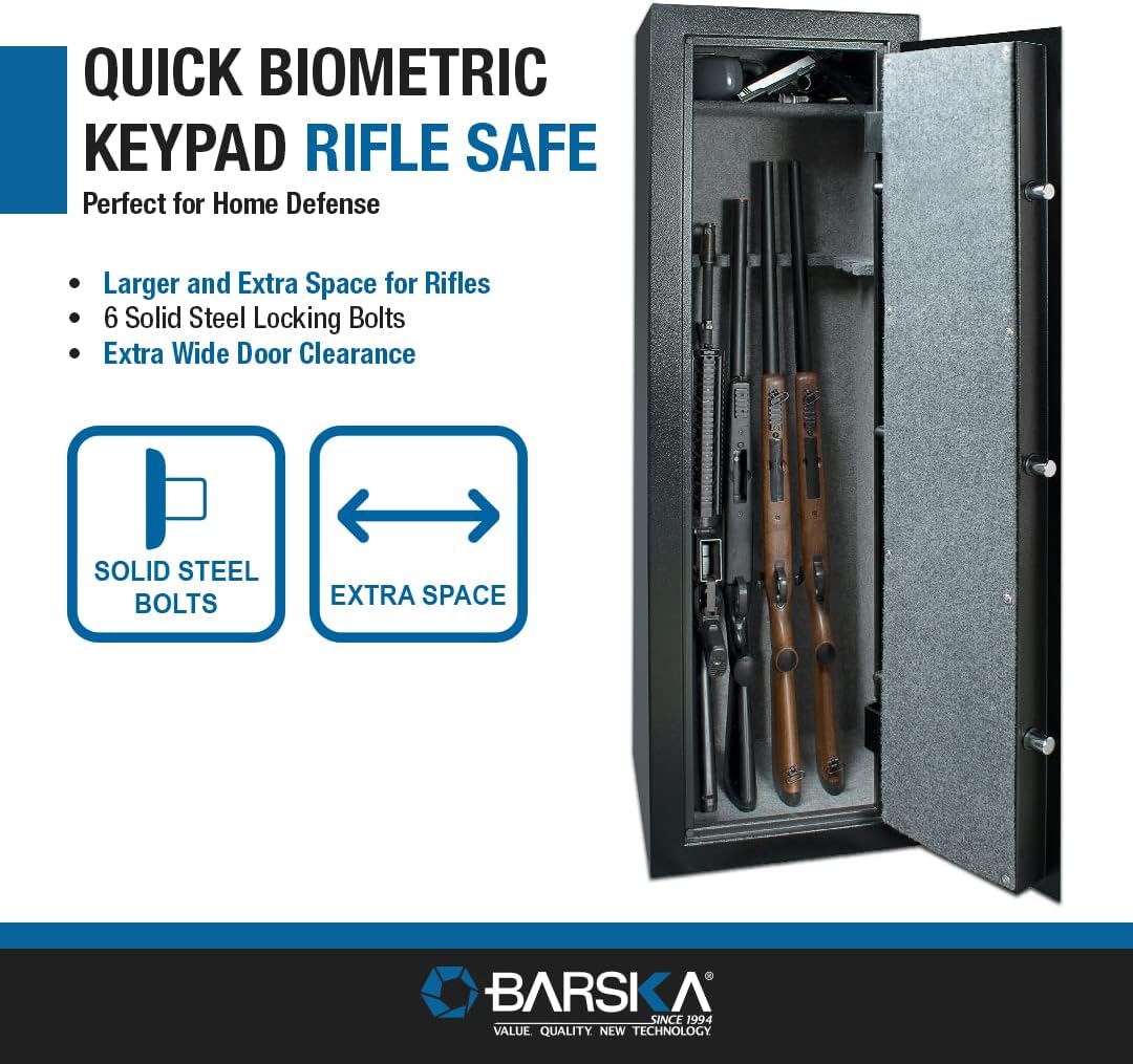 Barska Quick and Reliable Access Biometric Keypad Rifle Safe with Dual Access, Smart Alarm System, and Removable Storage Shelf for Home