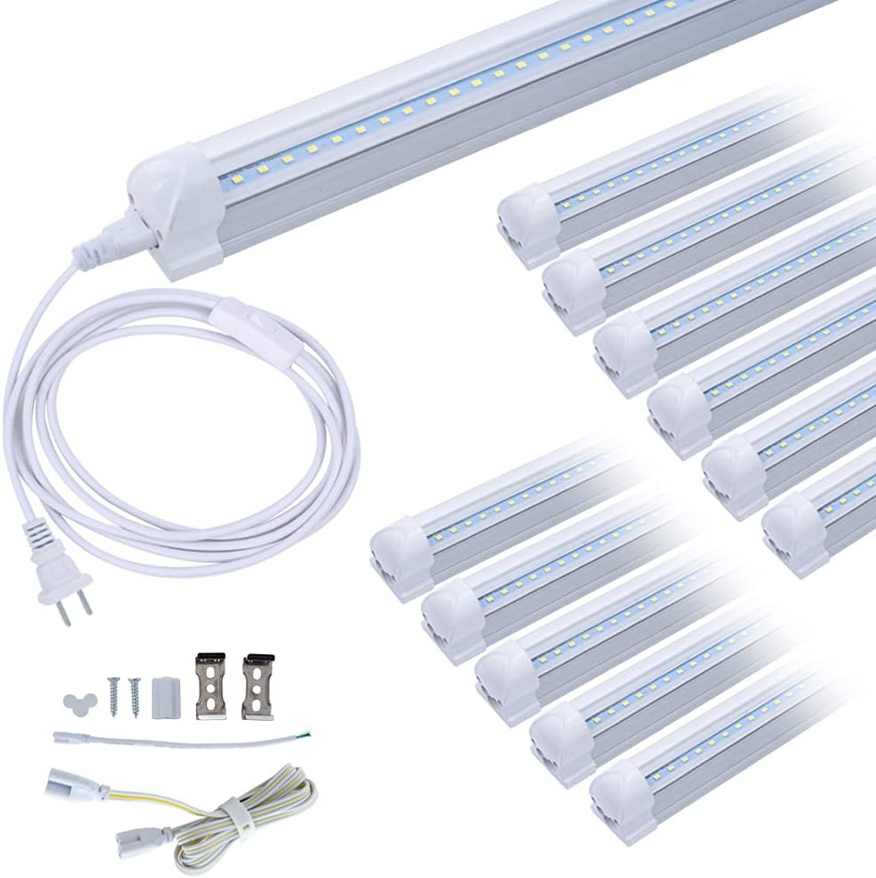 (Pack of 6)T8 4FT LED Integrated Tube Light Fixture,Shop Light with ON/Off Switch Power Cord,6500K Supper White,24W,Single Strip Indoor Connectable Lamp,Replace Fluorescent Bulb Light,Clear Cover
