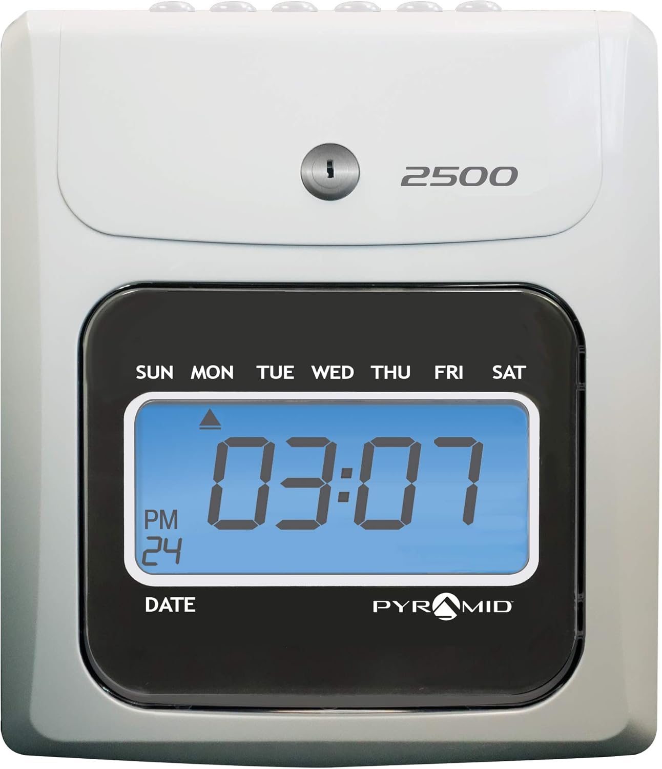 Pyramid Time Systems 2500K1 Bundle, Includes Model 2500 Auto Aligning and Top Loading Time Clock, 100 time Cards, Two Ink Ribbon cartridges, one 10 Slot time Card Rack and Two Security Keys