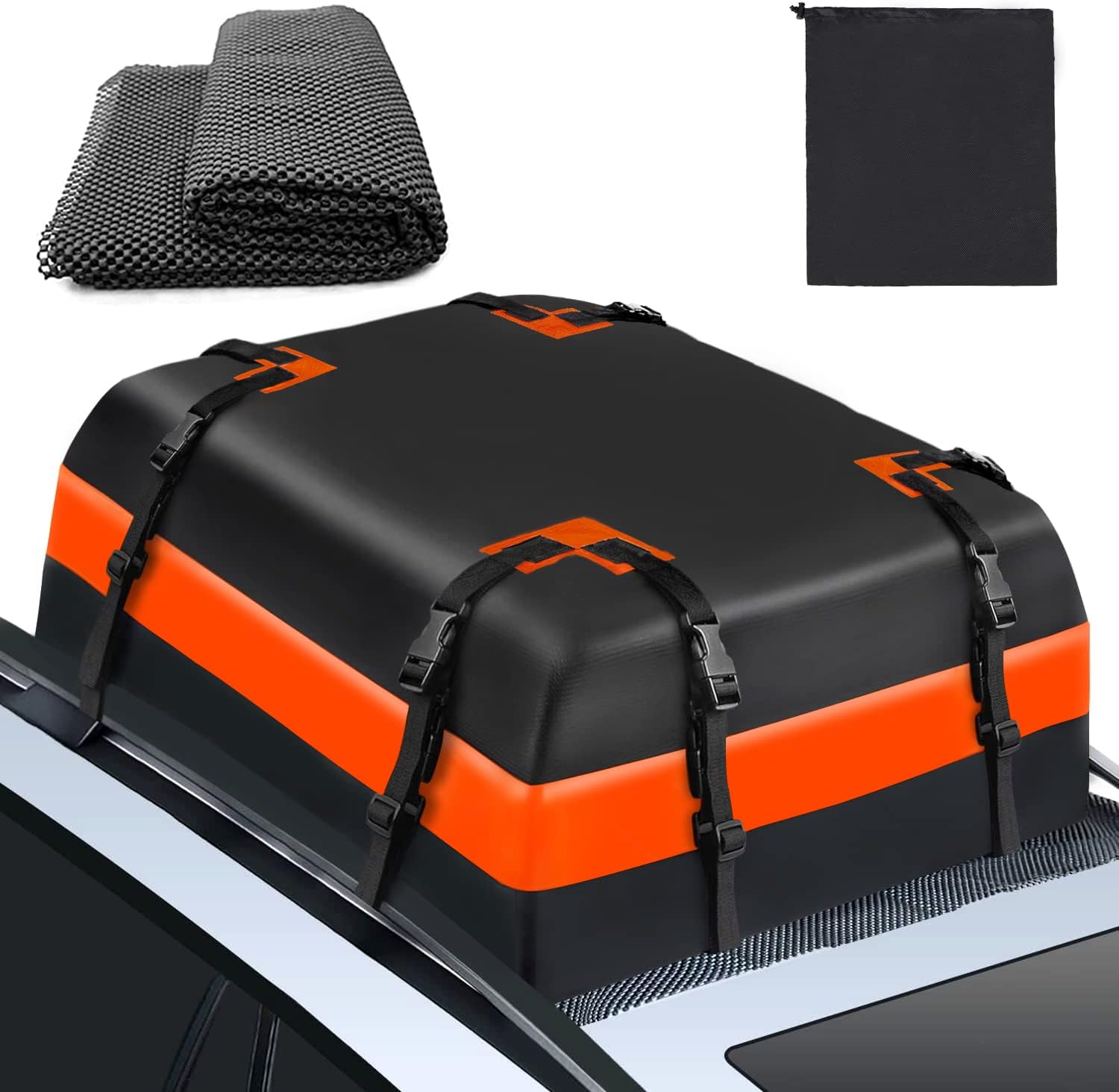 CROSSHIP Car Rooftop Cargo Carrier Bag - 15 Cubic Feet Car Roof Bag for All Vehicles with/Without Racks - Waterproof Zip, Anti-Tear, with 8 Reinforced Straps, Storage Bag & Anti-Slip Mat
