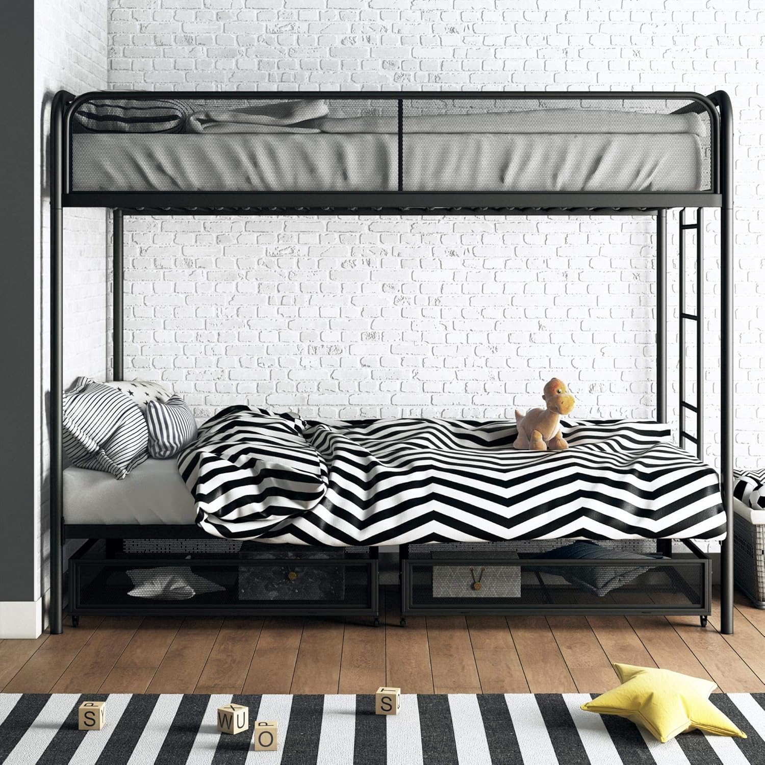 DHP Joslin Metal Bunk Bed with Storage Drawers, Black, Twin Over Twin