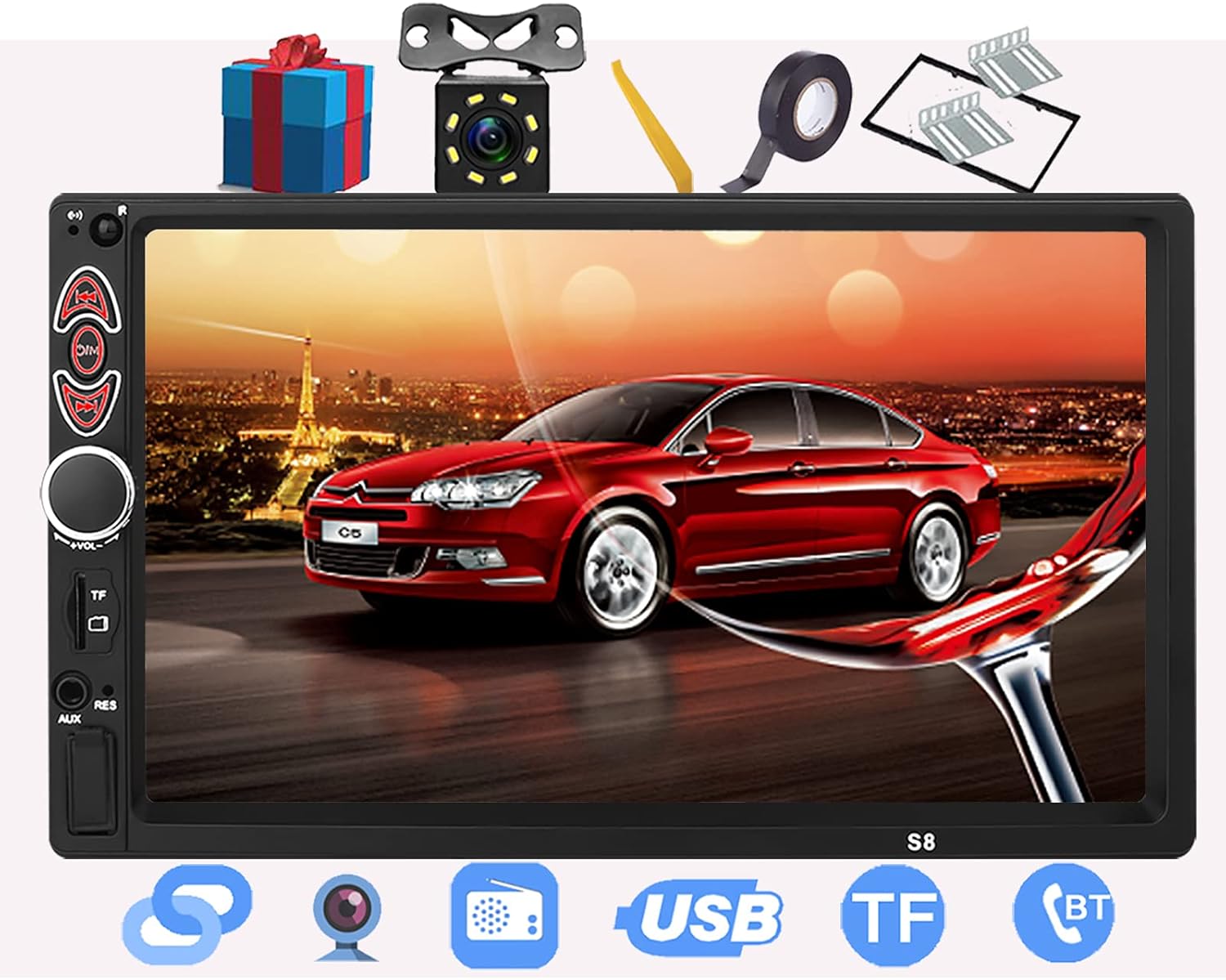 Double Din Car Stereo-7 Inch Touchscreen Car Audio,Double Din Radio Compatible with BT TF USB MP5/4/3 Player FM,Car Radio Support Backup Rear View Camera, Mirror Link ,Caller ID, Car Audio Receivers