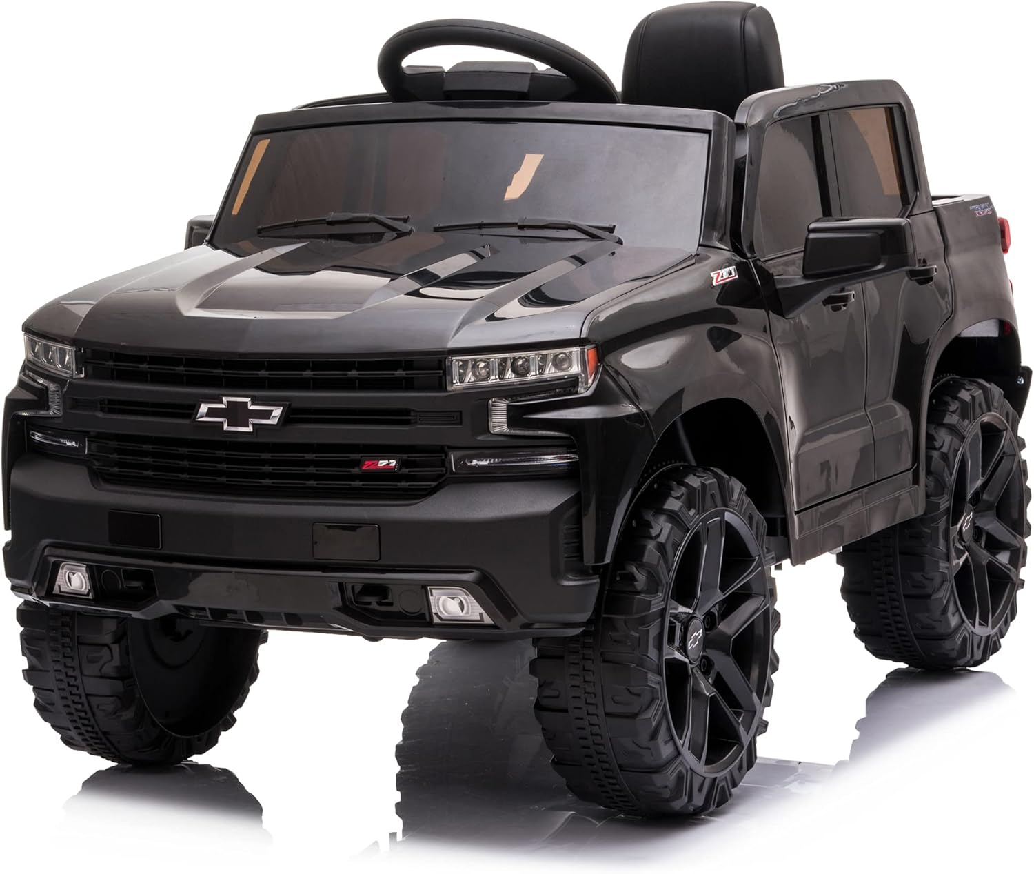 Kidzone 12V Battery Powered Licensed Chevrolet Silverado Trail Boss LT Kids Ride On Truck Car Electric Vehicle Jeep with Remote Control, MP3/Bluetooth, LED Lights - Black