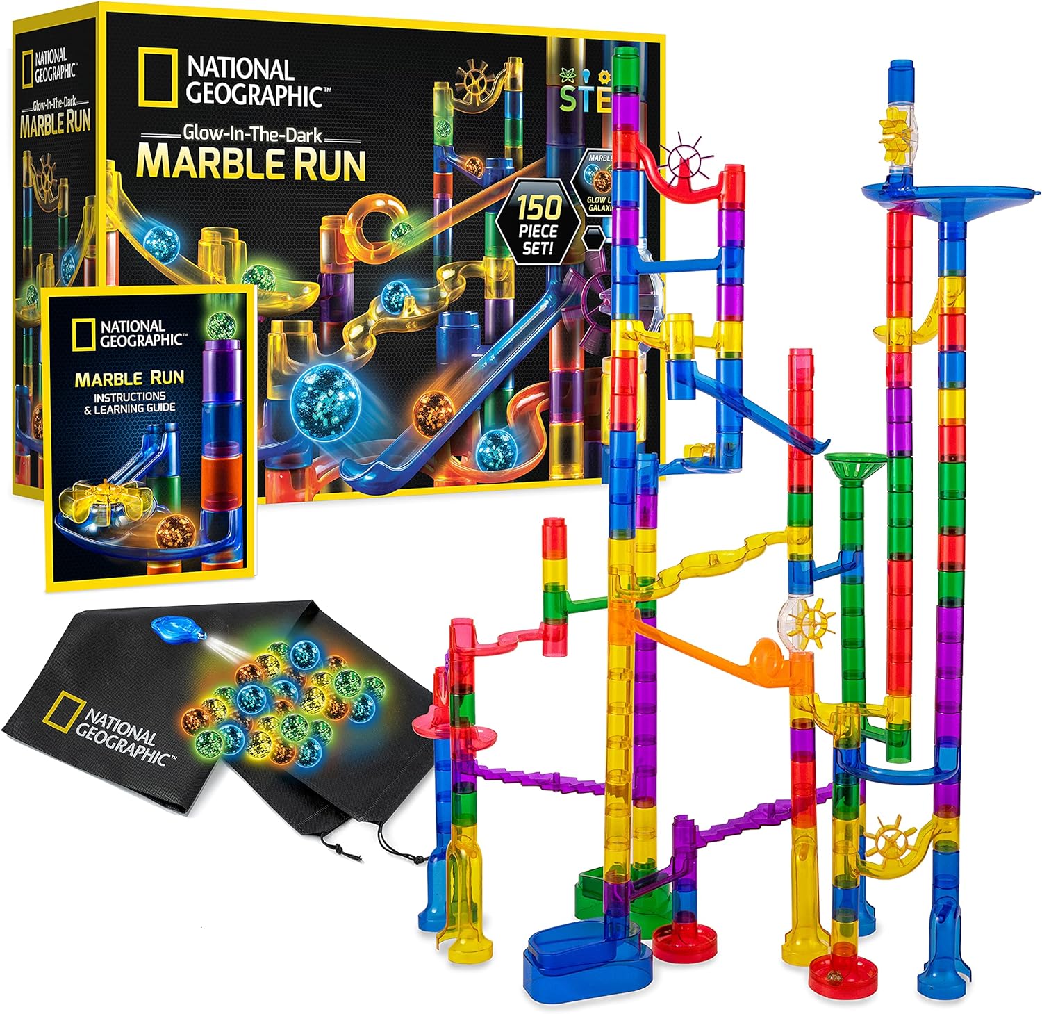 NATIONAL GEOGRAPHIC Magnetic Marble Run - 90-Piece STEM Building Set for Kids & Adults with Magnetic Track & Trick Pieces, Marbles & Magnet Board for Building A Marble Maze Anywhere Pack of 2