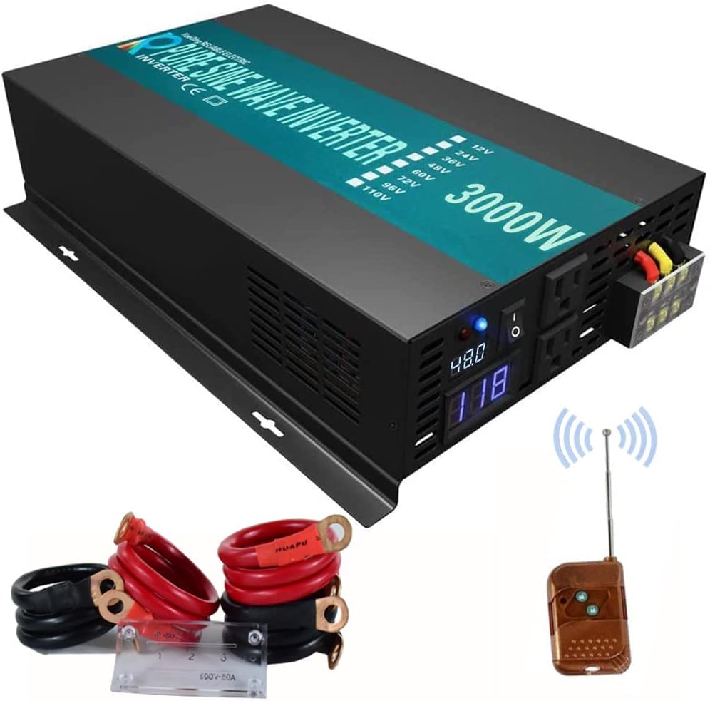 WZRELB 3000W 48V 120V Pure Sine Wave Power Inverter Remote Control with 2 AC Outlets,Car Inverter (RBPRC-300048)