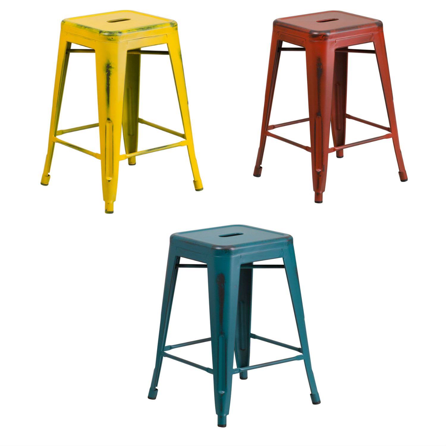 Flash Furniture 24'' High Backless Distressed Kelly Red, Yellow and Kelly Blue-Teal Metal Indoor-Outdoor Counter Height Stool