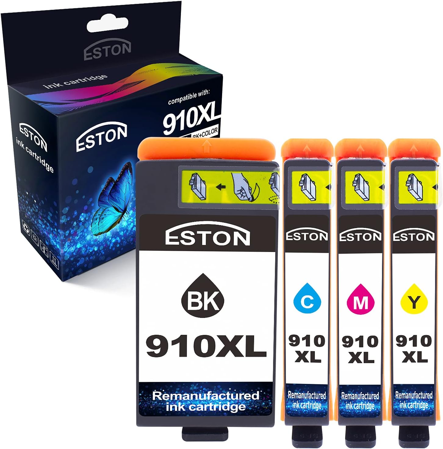 ESTON 910 Remanufactured Replacement for HP 910 910XL Ink Cartridge for hp Printers OfficeJet Pro 8015 8018 8020 8022 8024 8025 8028 8035 8035e 8025e (1BK+1C+1M+1Y)… Pack of 2