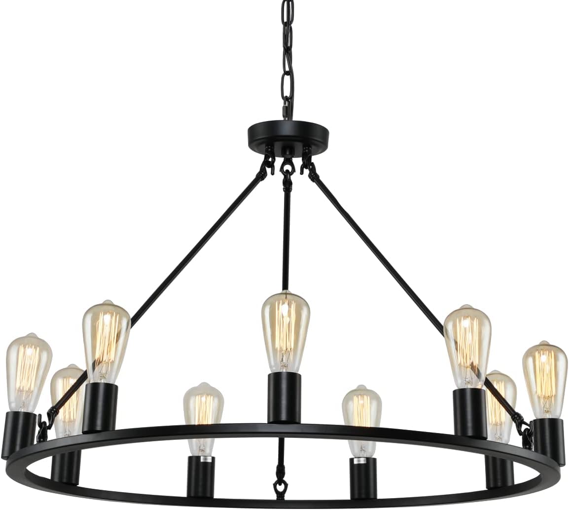 Wagon Wheel Chandelier 9-Light Farmhouse Chandelier, Dia 32'' Industrial Pendant Light Fixture, Black Modern Chandeliers for Dining Room Kitchen Island Bedroom Living Room Foyer