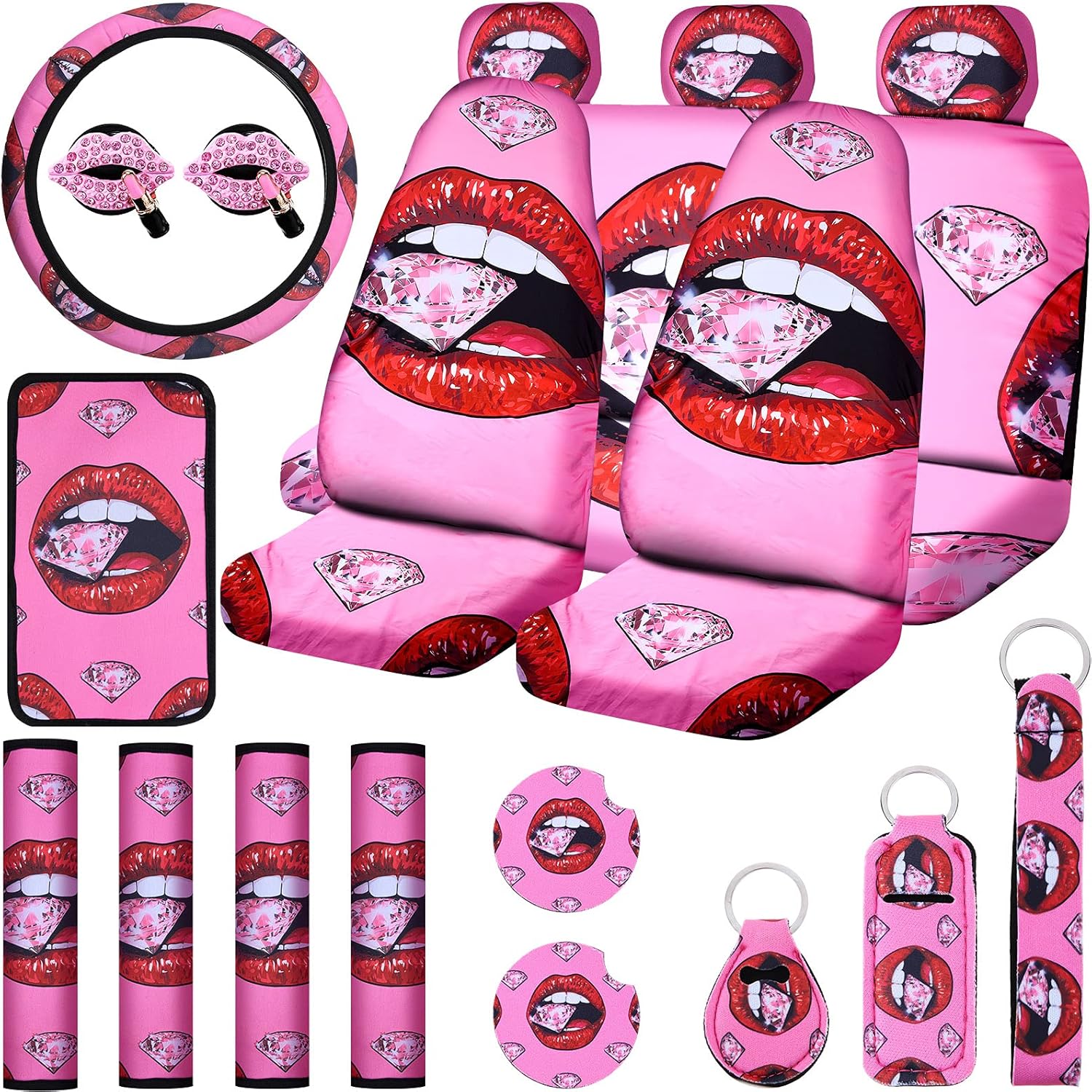 20 Pieces Red Lip Car Accessories Set Sparking Brilliant Diamond Car Seat Cover Steering Wheel Cover Seat Belt Cover Center Console Armrest Pad Car Coaster Keychain Vent Decor (Red)