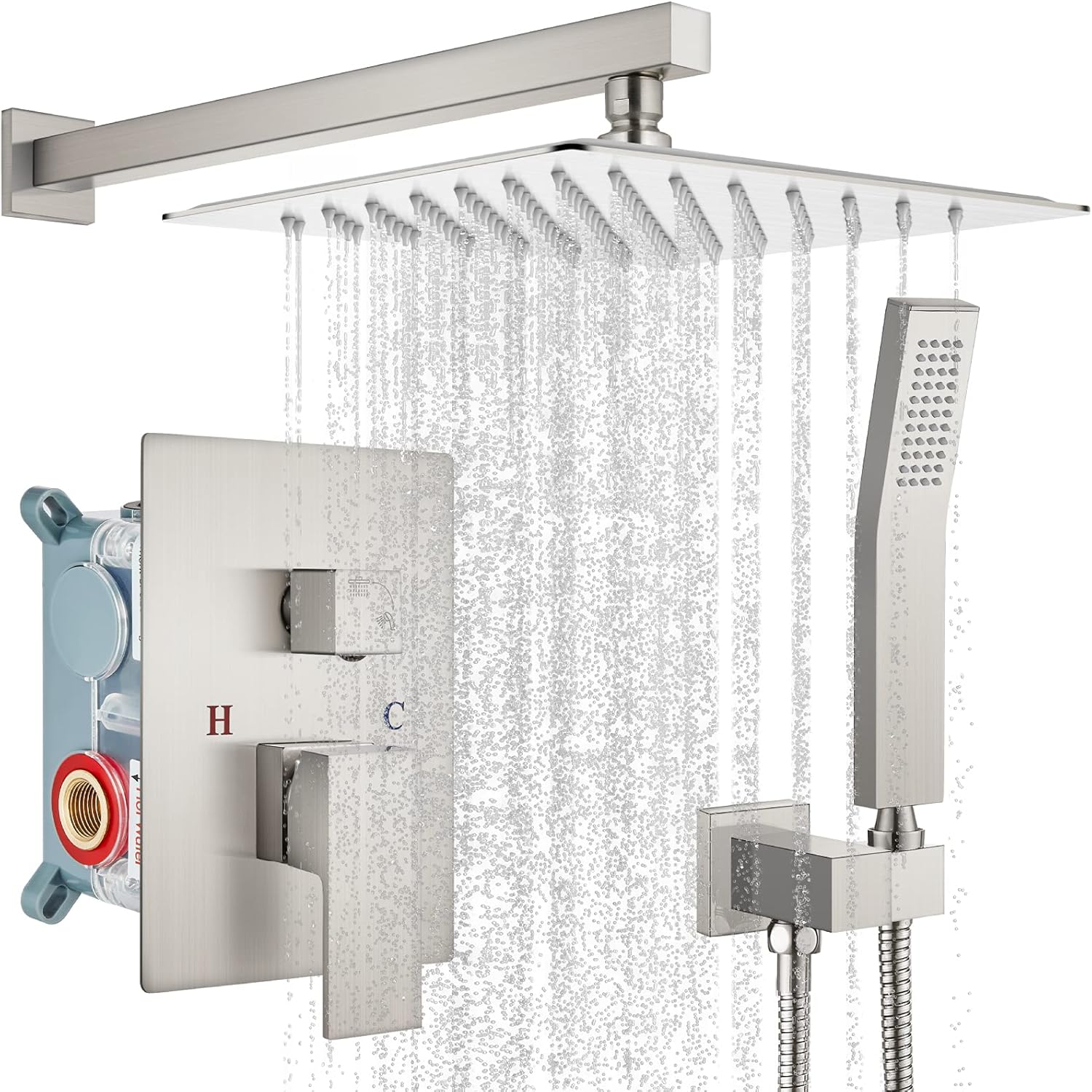 Rainfall Shower System Matte Black with High Pressure 10 inch Shower Head Hand Held Square Shower Head Bathroom Luxury Rain Mixer Shower Complete Combo Set Wall Mounted