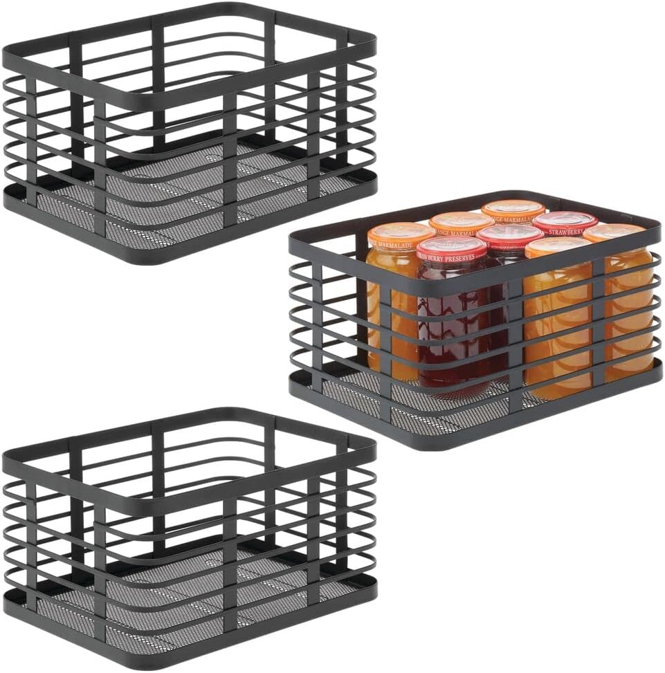 mDesign Modern Decor Metal Wire Food Organizer Storage Bin Baskets for Kitchen Cabinets, Pantry, Bathroom, Laundry Room, Closets, Garage - 3 Pack - Black Pack of 2