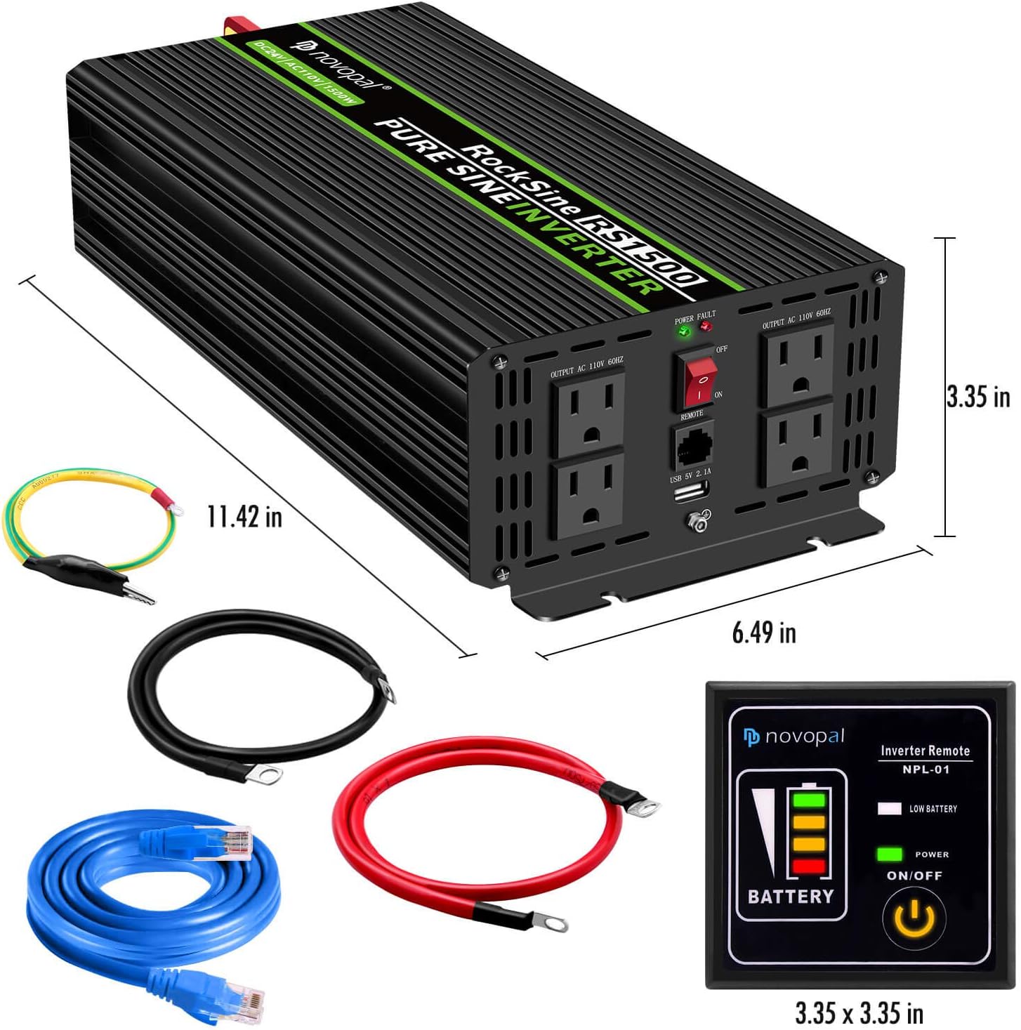 Novopal 1500 Watt 24V Pure Sine Wave Inverter with 4 AC Outlets 2.1A USB-16.4 Feet Remote Control and Two Cooling Fans-Ultra-Silent,Supply for Blenders, Vacuums（Shipping 3-7 Working Days）