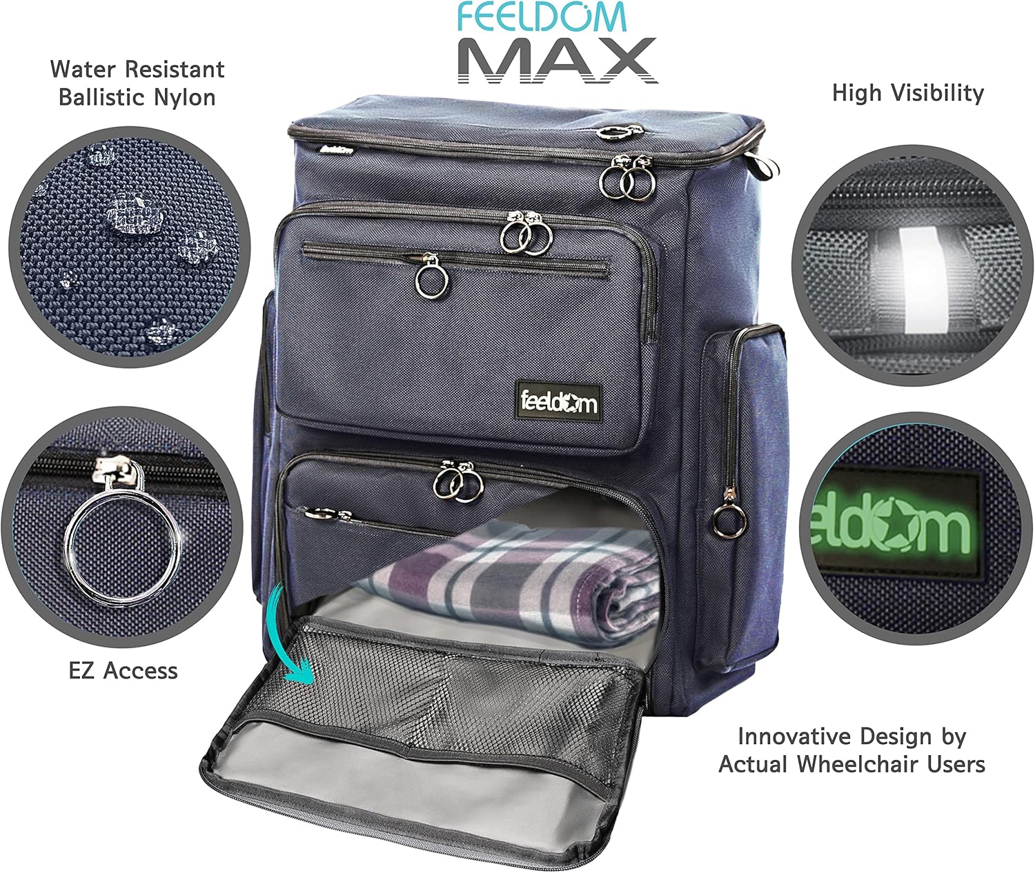 FEELDOM Wheelchair Bag, Fits Scooter, MAX - Large, Dark Navy - Water Resistant, 50+ Liter Storage Space, Durable, Premium Quality, Mobility Gear, Modern Chic Design, EZ Access