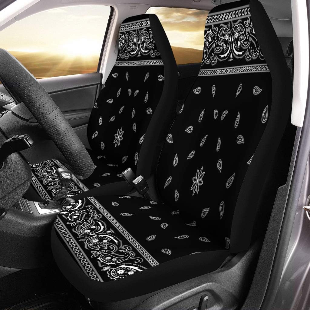 Pinbeam Car Seat Covers Colorful Paisley Black Pattern Bandanna Border Scarf White Set of 2 Auto Accessories Protectors Car Decor Universal Fit for Car Truck SUV