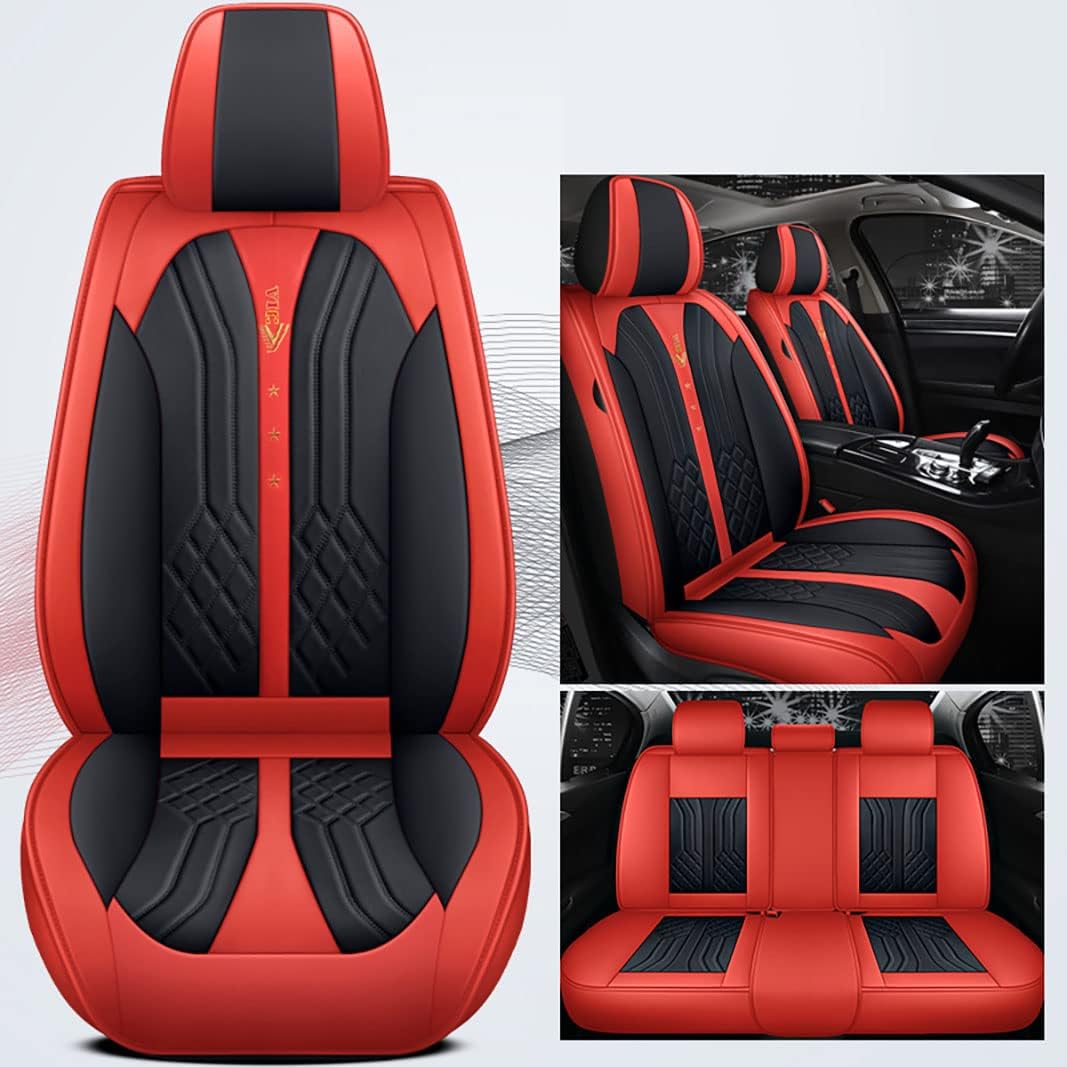 ZSEAUTO 03 Seat Cover 5 Seats Full Set Universal Fit for Most Vehicle Sedan SUV Truck Pickup Airbag Compatible Synthetic Leather Car Seat Cushion Protector All Weather Adjustable (Black&Red Line)