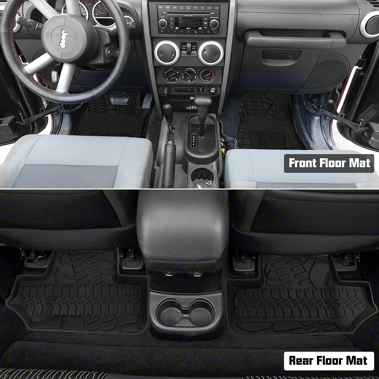 Winunite Front and Rear Black Floor Mats Compatible with Jeep Wrangler JK 2 Door 2018 2017 2016 2015 2014 All Weather Guard TPE Floor Liner Carpet Set