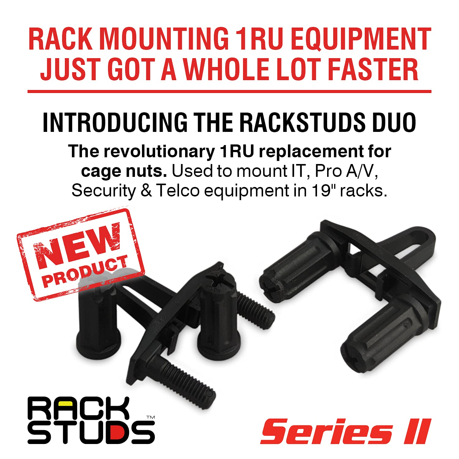 Rackstuds Duo 1RU Rack Mount Solution Series II – No More Cage Nuts! The Easiest and Safest Server Rack Solution in 19