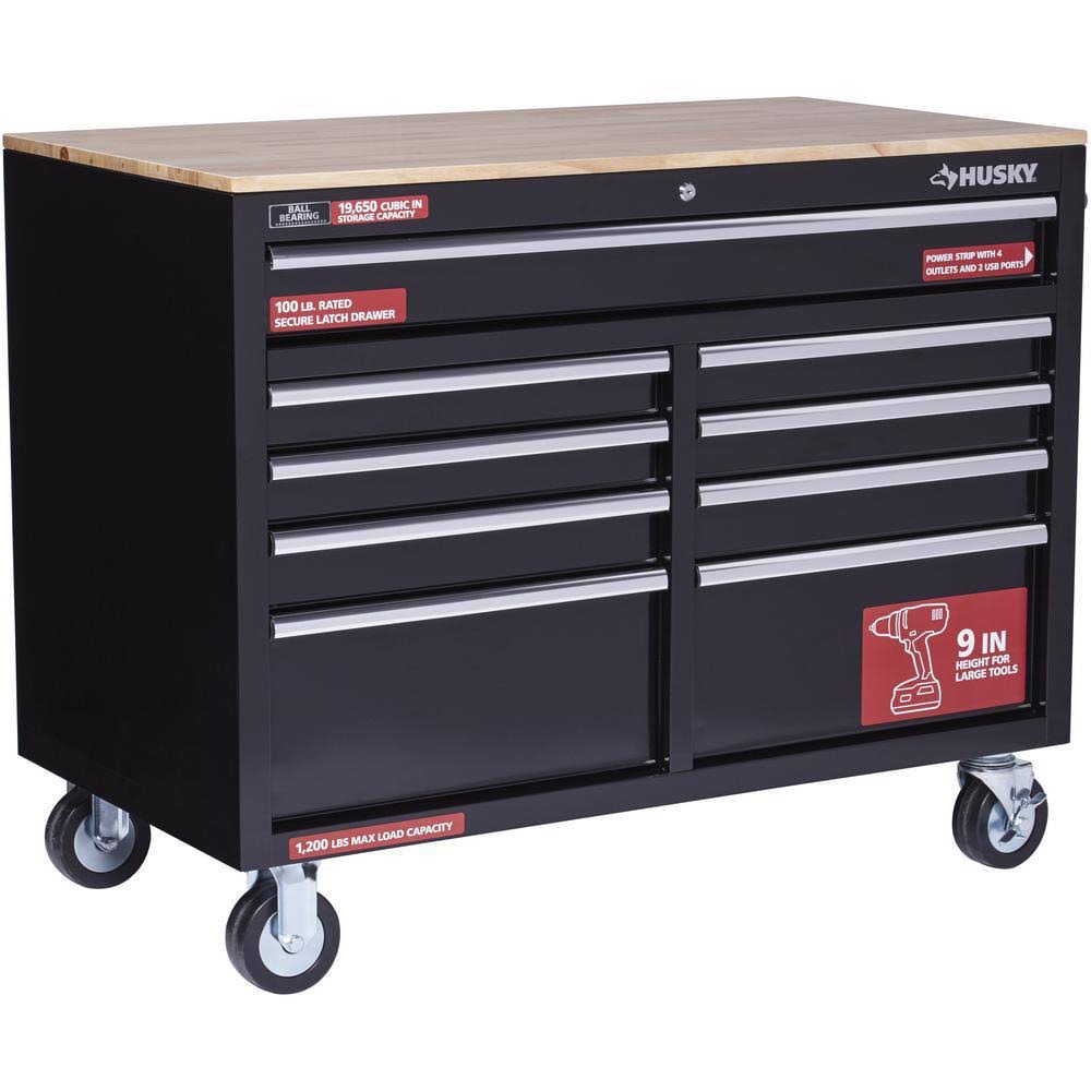 Husky 46 in. W x 24.5 in. D 9-Drawer Gloss Black Deep Tool Chest Mobile Workbench with Hardwood Top