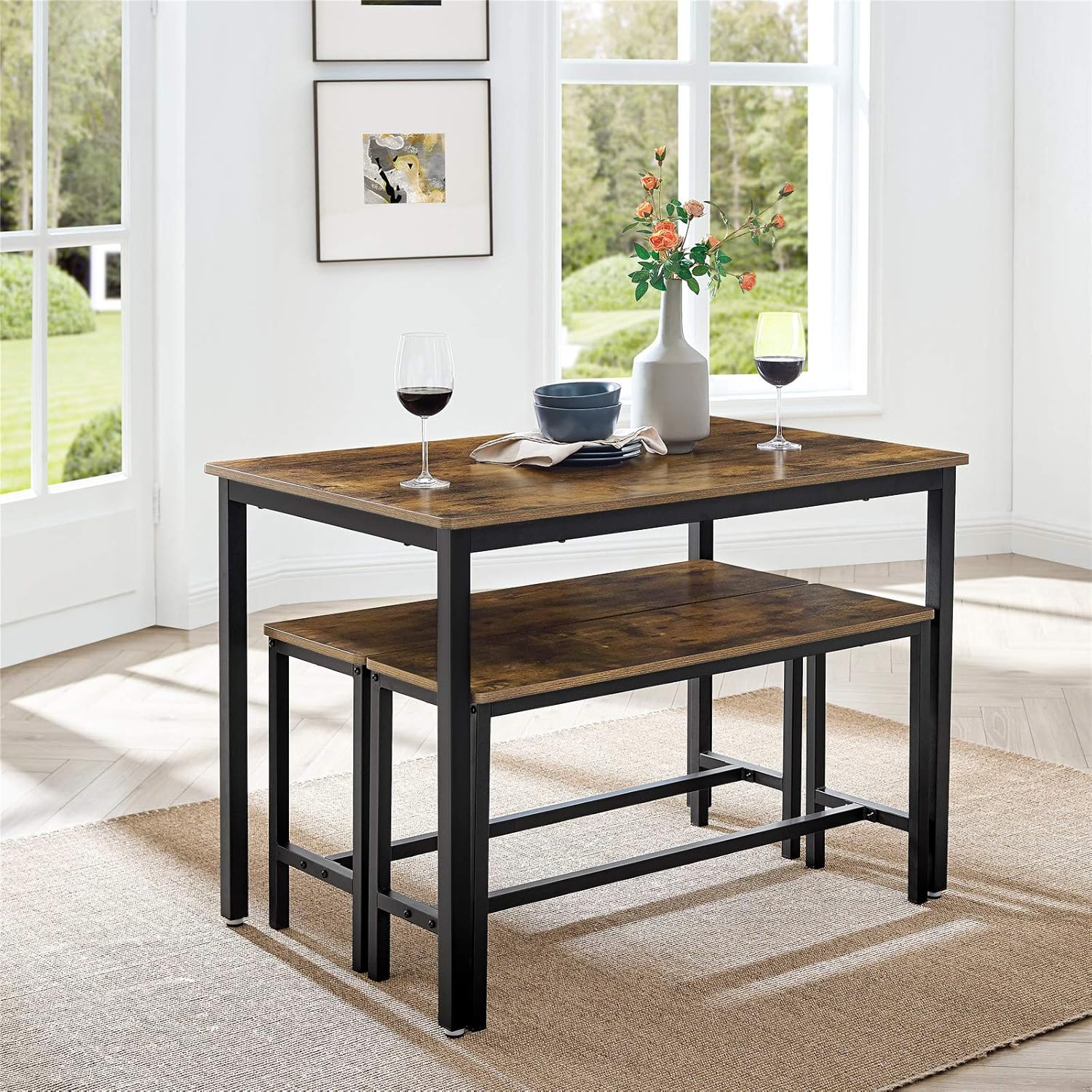 VASAGLE Dining Table Set with 2 Benches, Industrial Design, Rustic Brown + Black