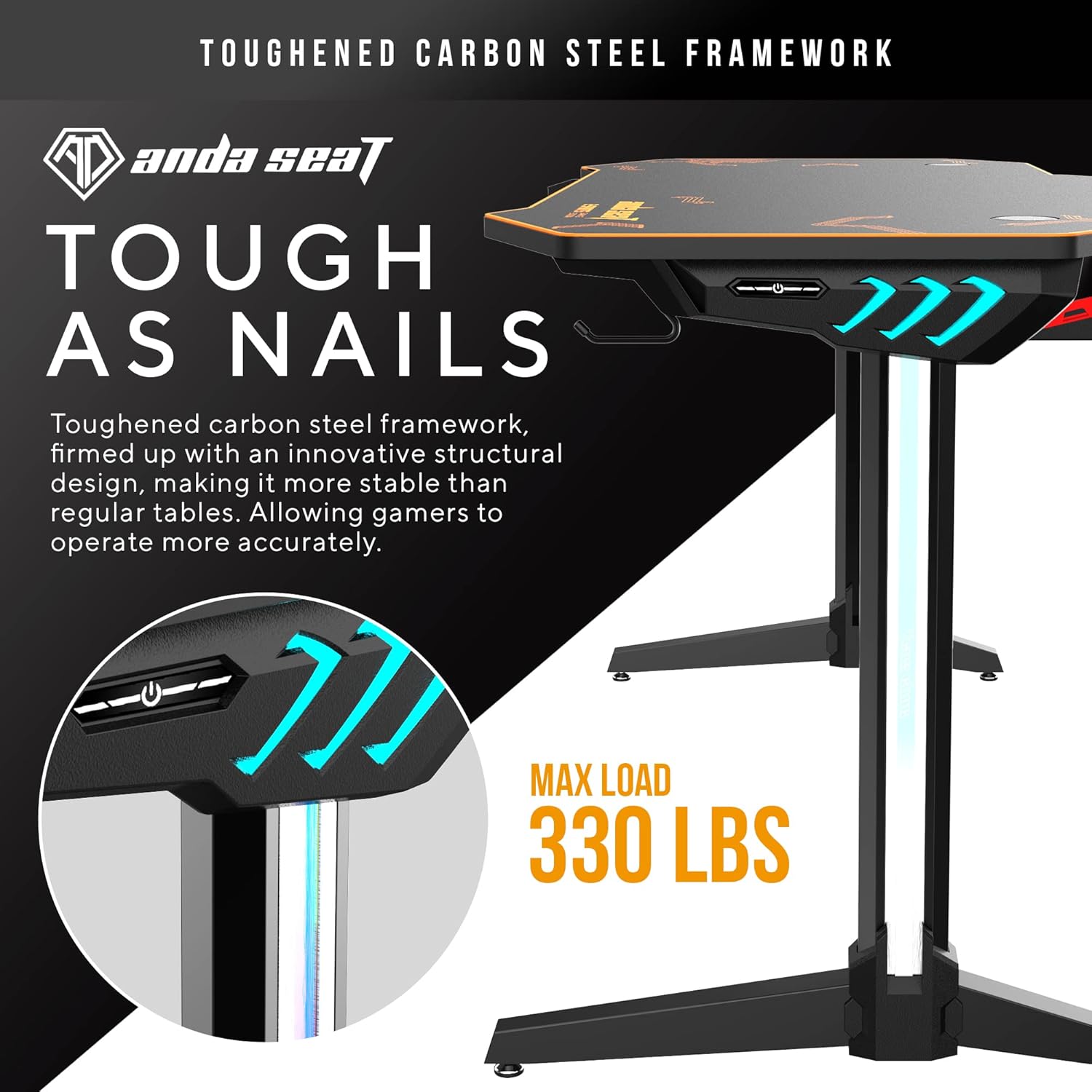 ANDASEAT Eagle 2 Lightening Gaming Desk,Ergonomic Gaming Desk with USB Gaming Handle Rack&Full Desk Mouse Pad,T-Shaped Office PC Computer Desk
