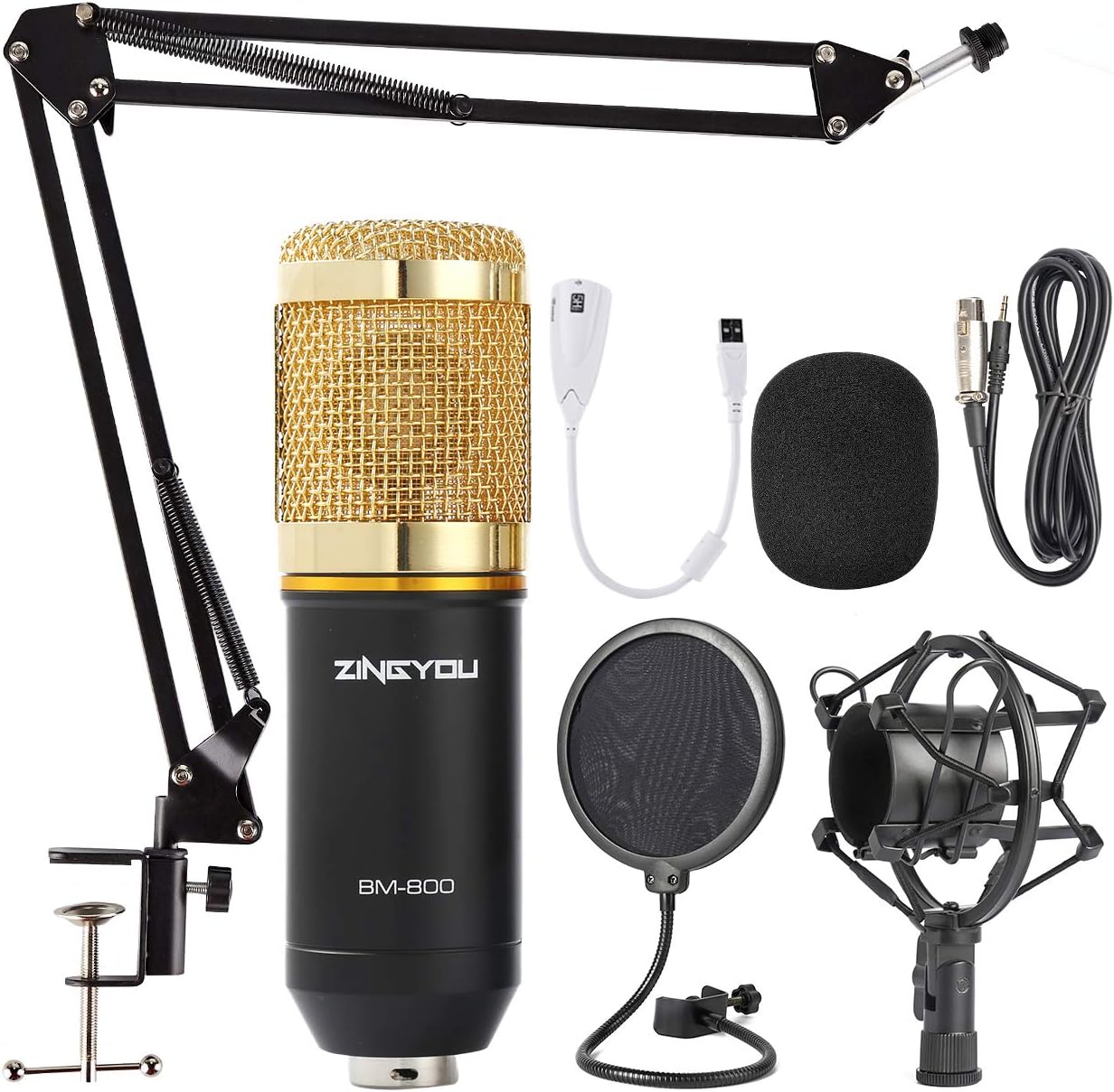 ZINGYOU Condenser Microphone Bundle, BM-800 Mic Kit with Adjustable Mic Suspension Scissor Arm, Metal Shock Mount and Double-Layer Pop Filter for Studio Recording & Broadcasting (Gold) Pack of 2